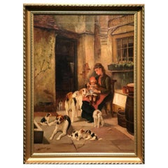 Gemälde mit jungen Mutter und Adlerhunden aus dem 19. Jahrhundert