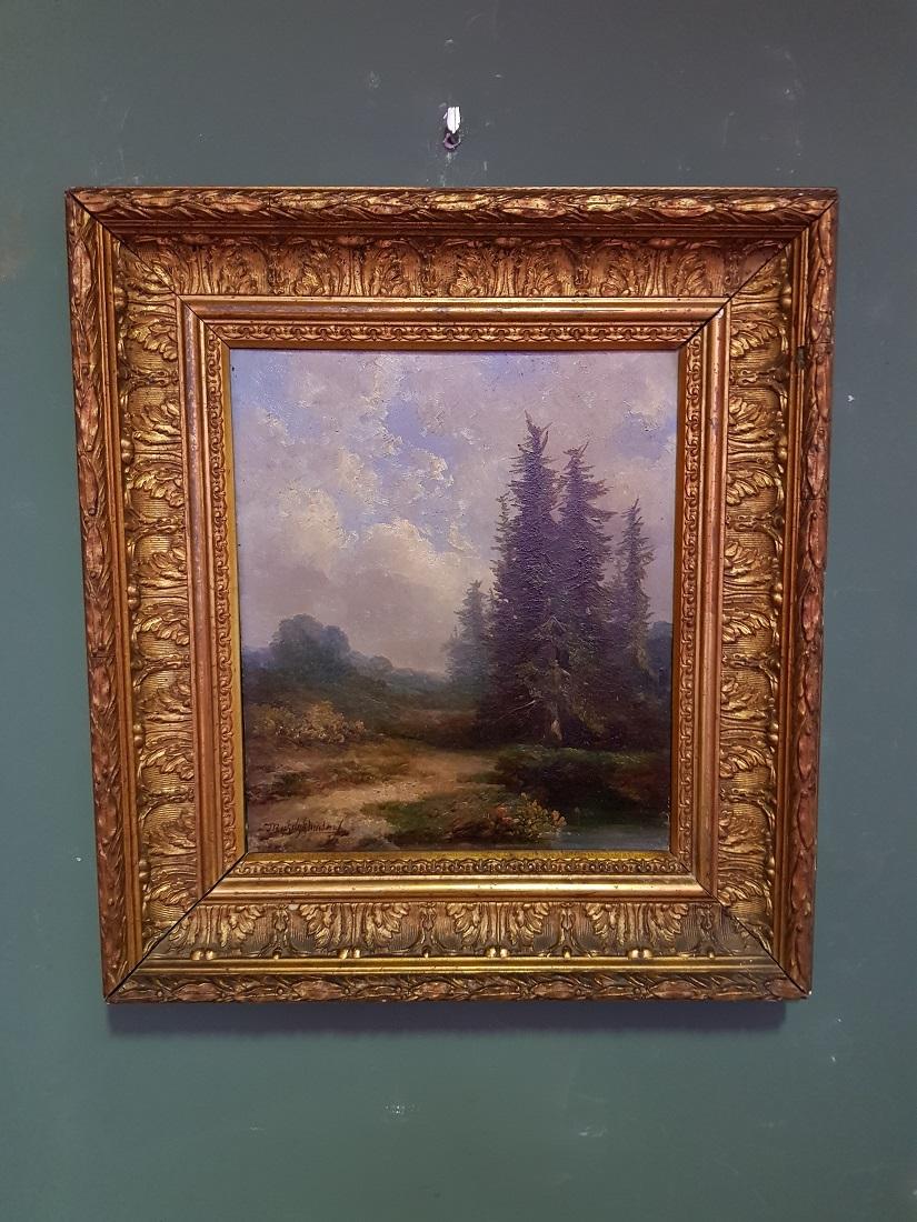 A beautiful pair of oil on panel landscapes by Hermanus Jan Hendrik Rijkelijkhuysen (1813-1883) both are signed at the bottom left and they are framed in the same way and can therefore be hung well together. The lists of gold-plated lists have some