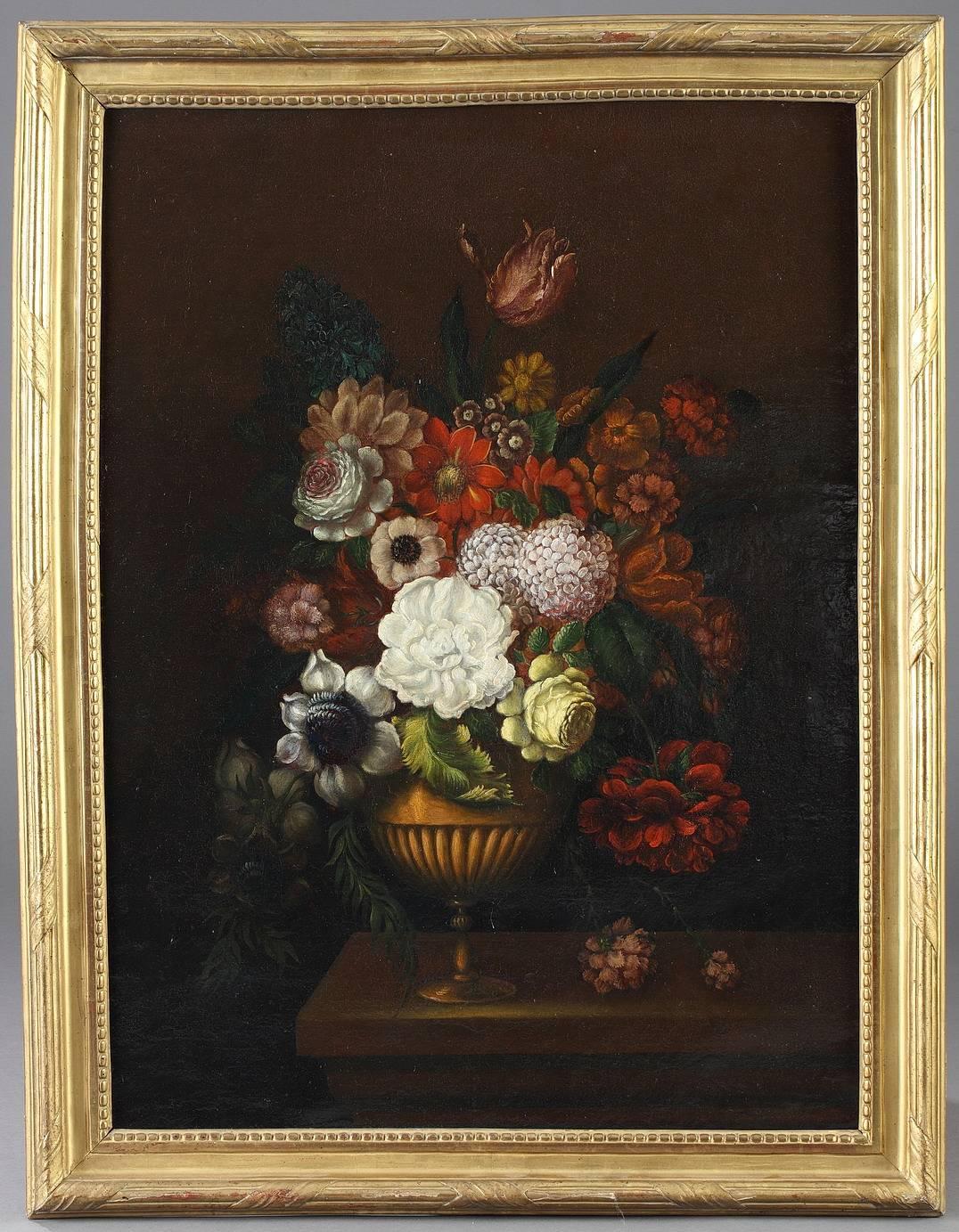 Two oil on canvas paintings in the Dutch School style. Each painting features an overflowing bouquet of flowers in a gadrooned vase. The original giltwood frames are decorated with beading and grooves interspaced with wide, diagonal bands, 19th