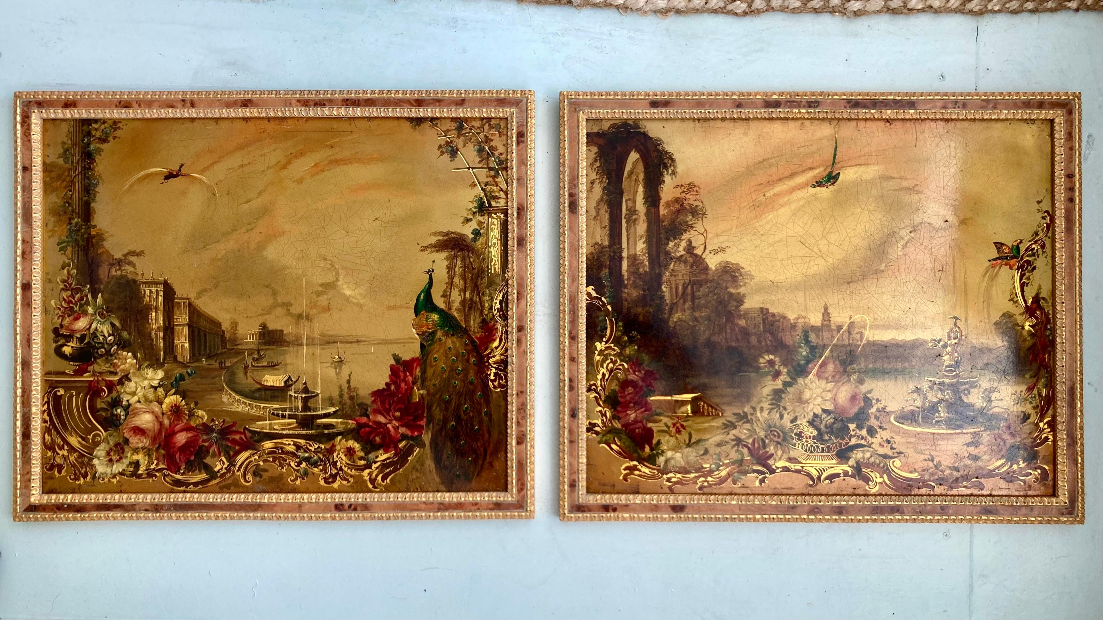 Paire de magnifiques peintures de Jennens et Bettridge du 19e siècle. Les détails floraux et fauniques sur les deux tableaux en font une paire adorable. Les deux tableaux sont encadrés de la même manière et mettent en valeur les détails de la