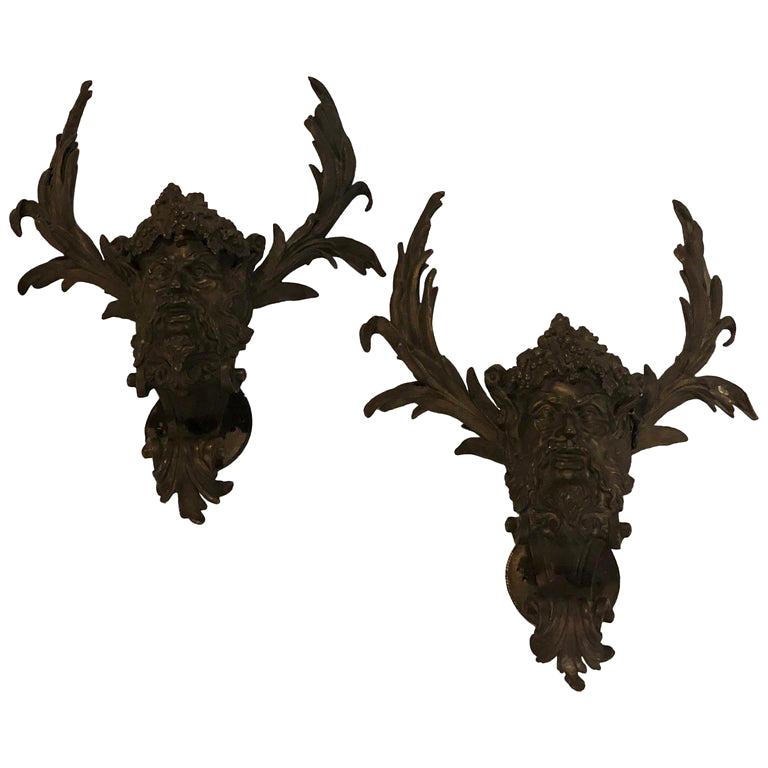 19th Century Pair of Antique Patinated Bronze Satirical Mask Wall Lights Sconces For Sale