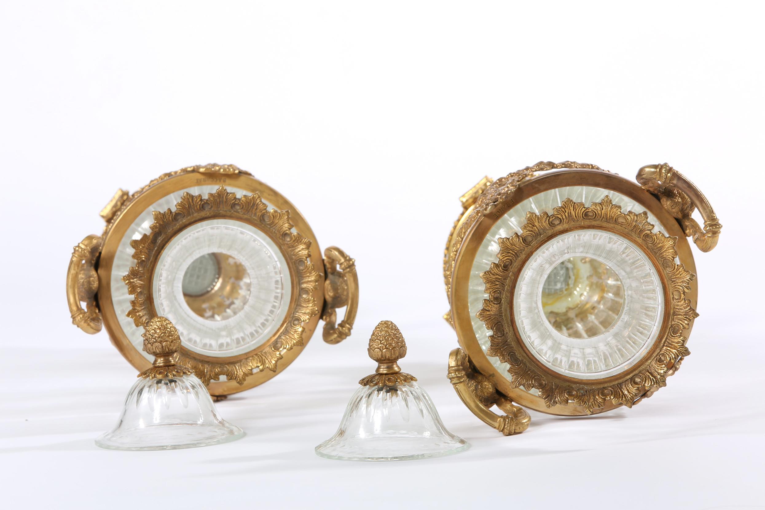 European 19th Century Pair Baccarat Crystal / Bronze Mounted Urns / Vases