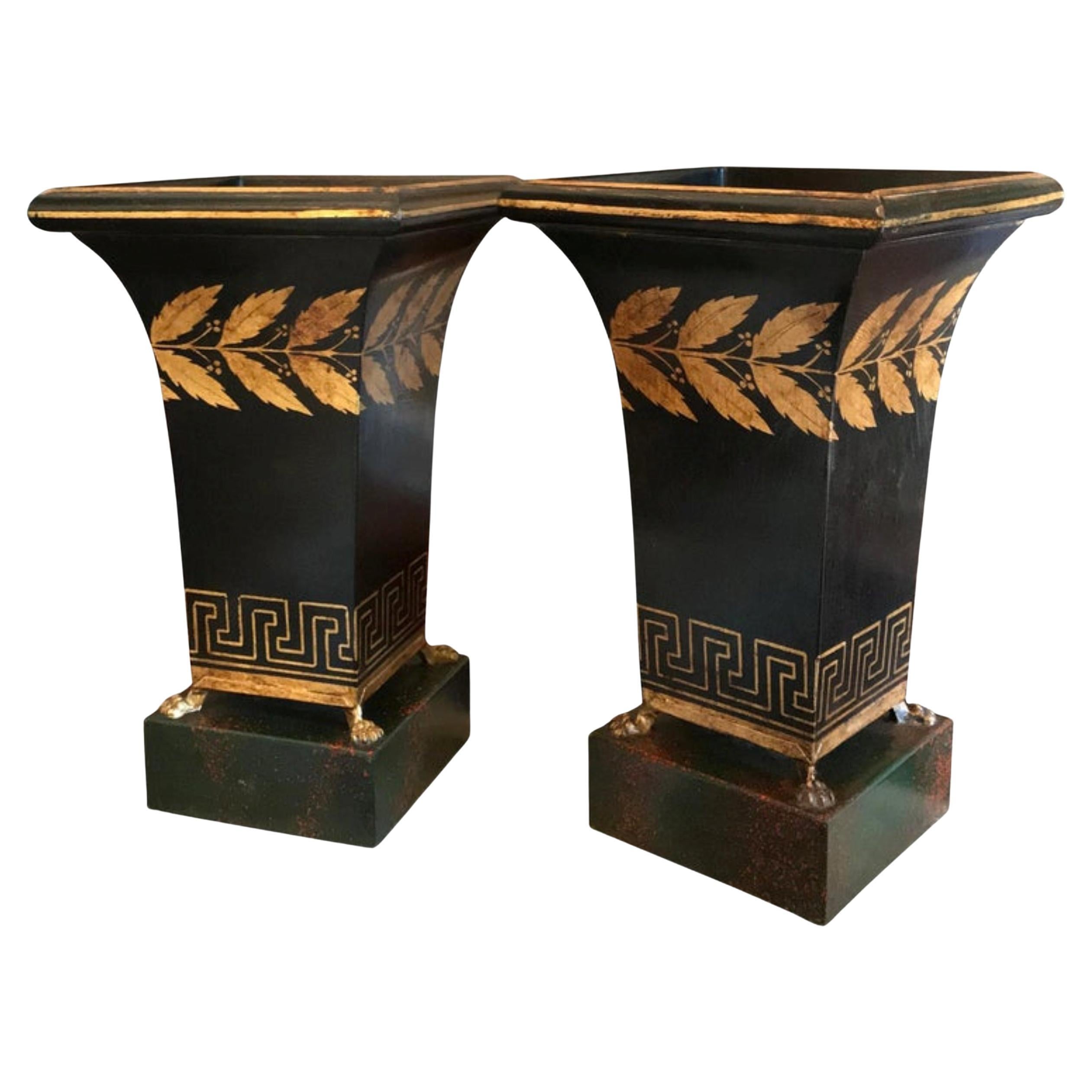19th Century Pair Black Painted Tole Jardiniere Urn Cachepot Antique Los Angeles
