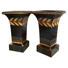 19th Century Pair Black Painted Tole Jardiniere Urn Cachepot Antique Los Angeles
