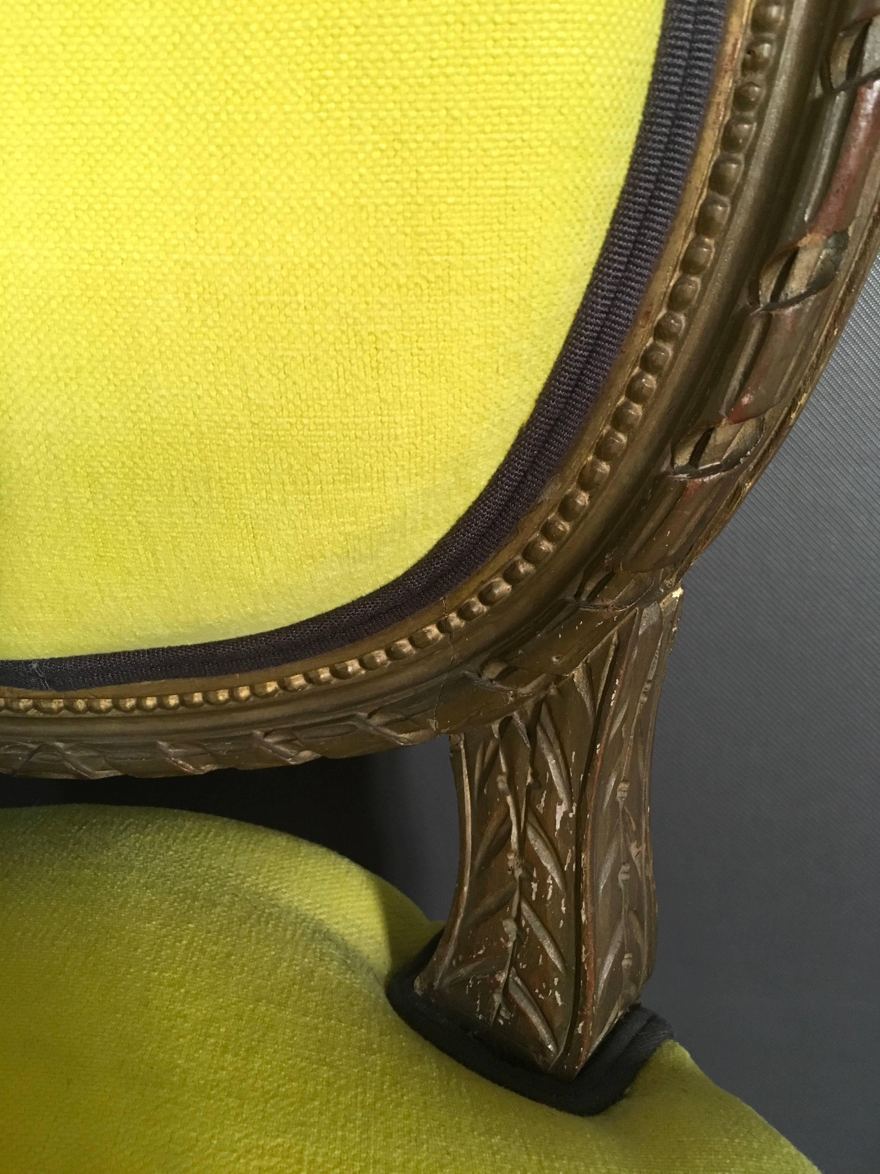 Fabric Mid-19th Century Pair French Provincial Wooden Chairs Yellow Linen For Sale