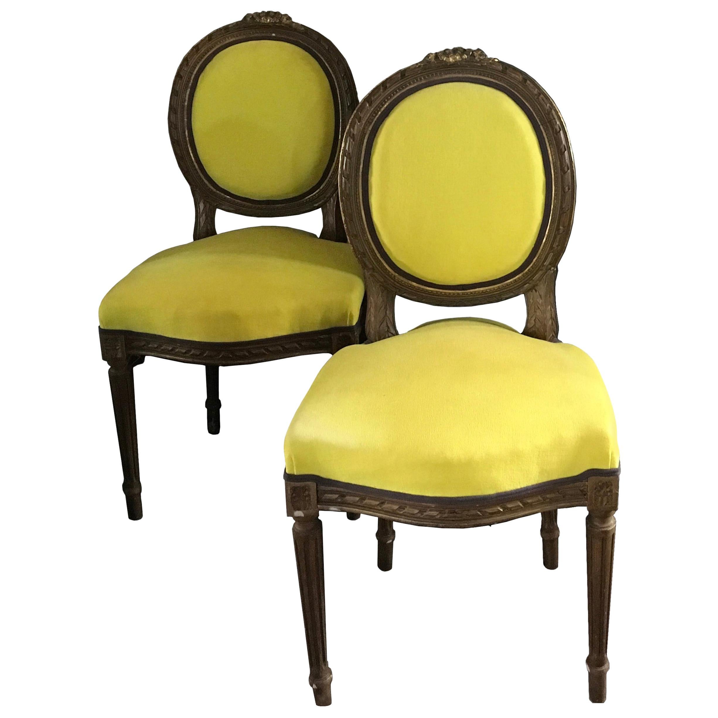Mid-19th Century Pair French Provincial Wooden Chairs Yellow Linen