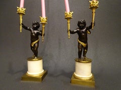 19th Century Pair Candelsticks, Sculptures of Puttis Bronze, Giltbronze Marble