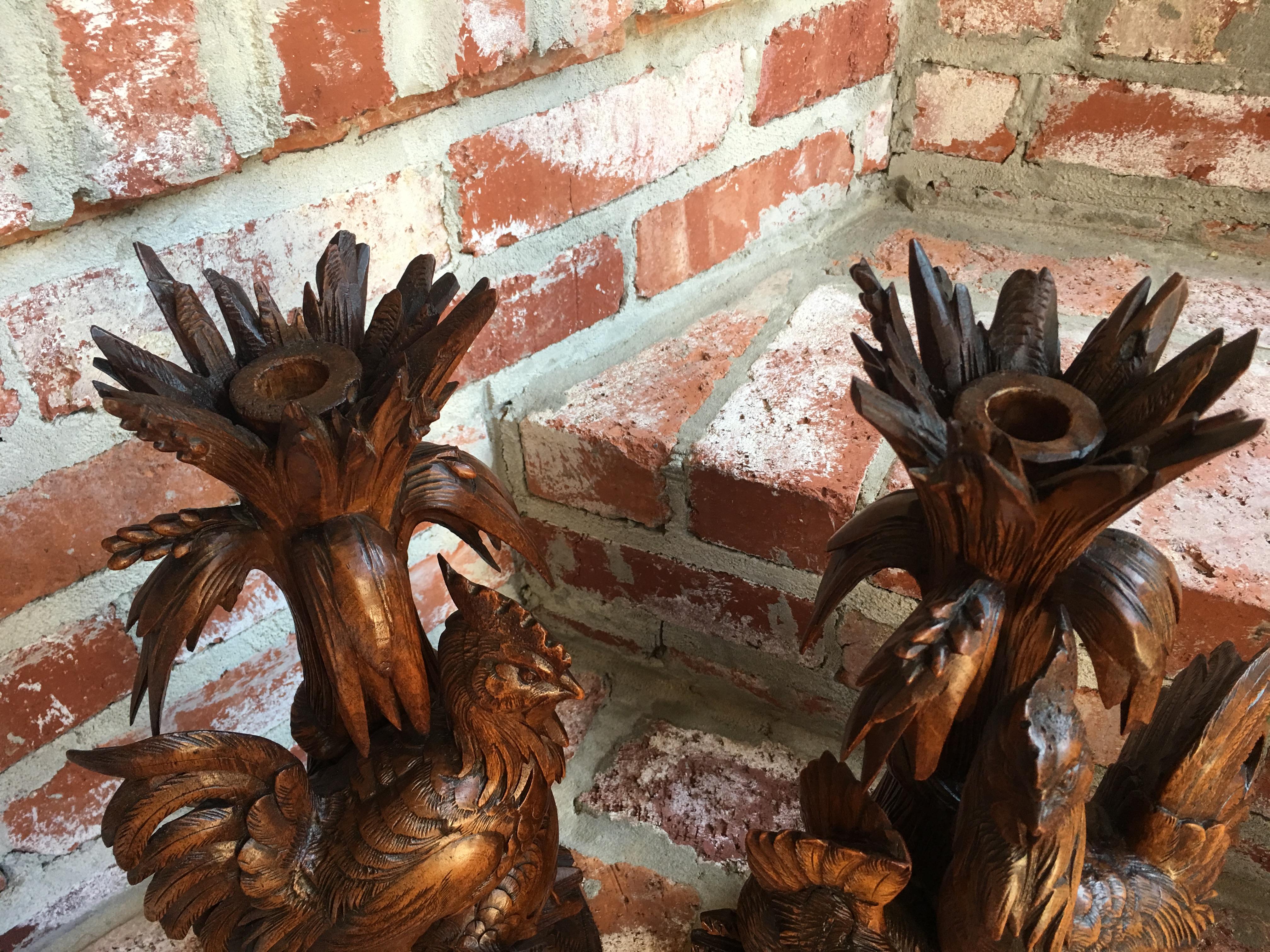 19th century Pair Black Forest Chicken Vase Epergne Candleholder Carved Wood Set For Sale 7