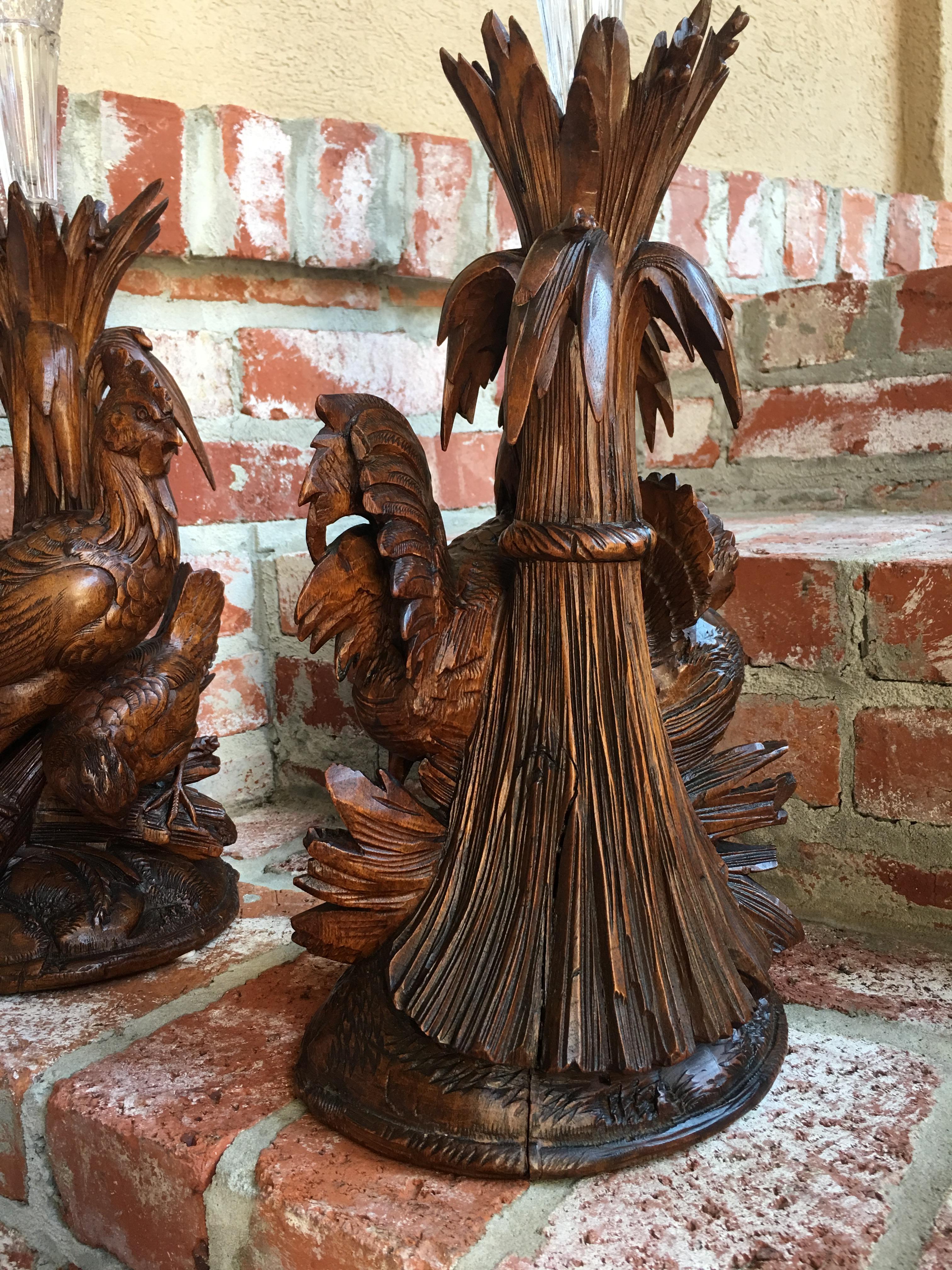 19th century Pair Black Forest Chicken Vase Epergne Candleholder Carved Wood Set For Sale 9