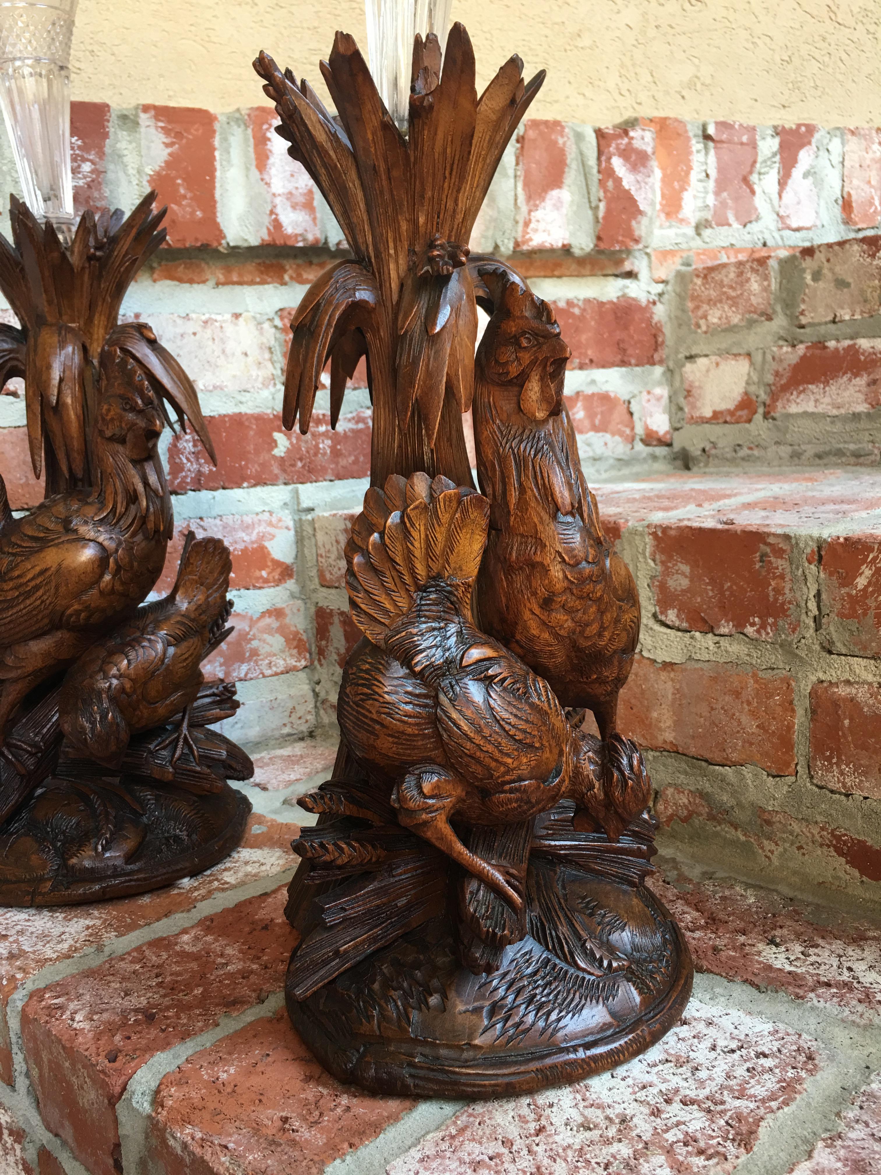 19th century Pair Black Forest Chicken Vase Epergne Candleholder Carved Wood Set For Sale 10