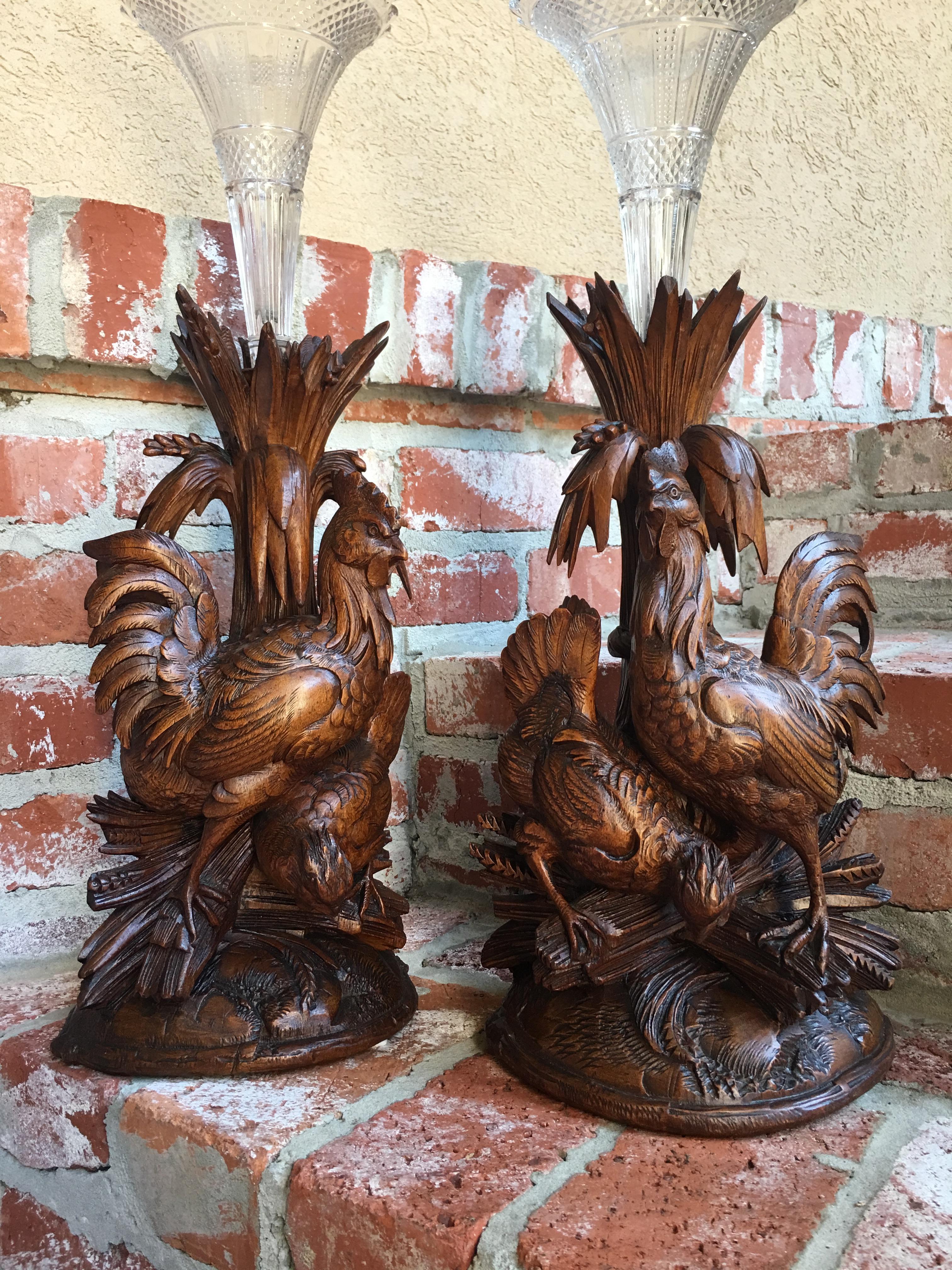 French 19th century Pair Black Forest Chicken Vase Epergne Candleholder Carved Wood Set For Sale