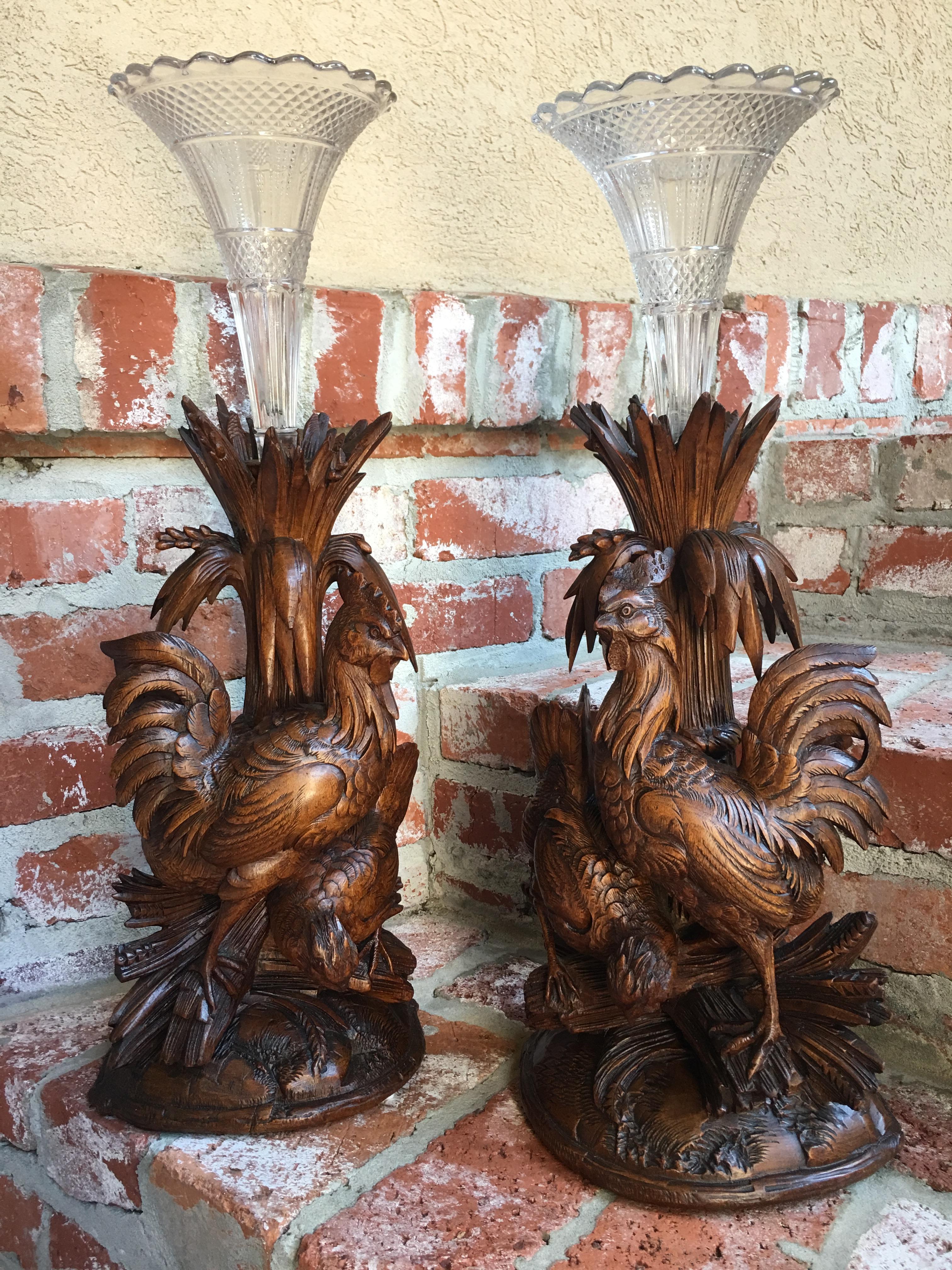 Hand-Carved 19th century Pair Black Forest Chicken Vase Epergne Candleholder Carved Wood Set For Sale
