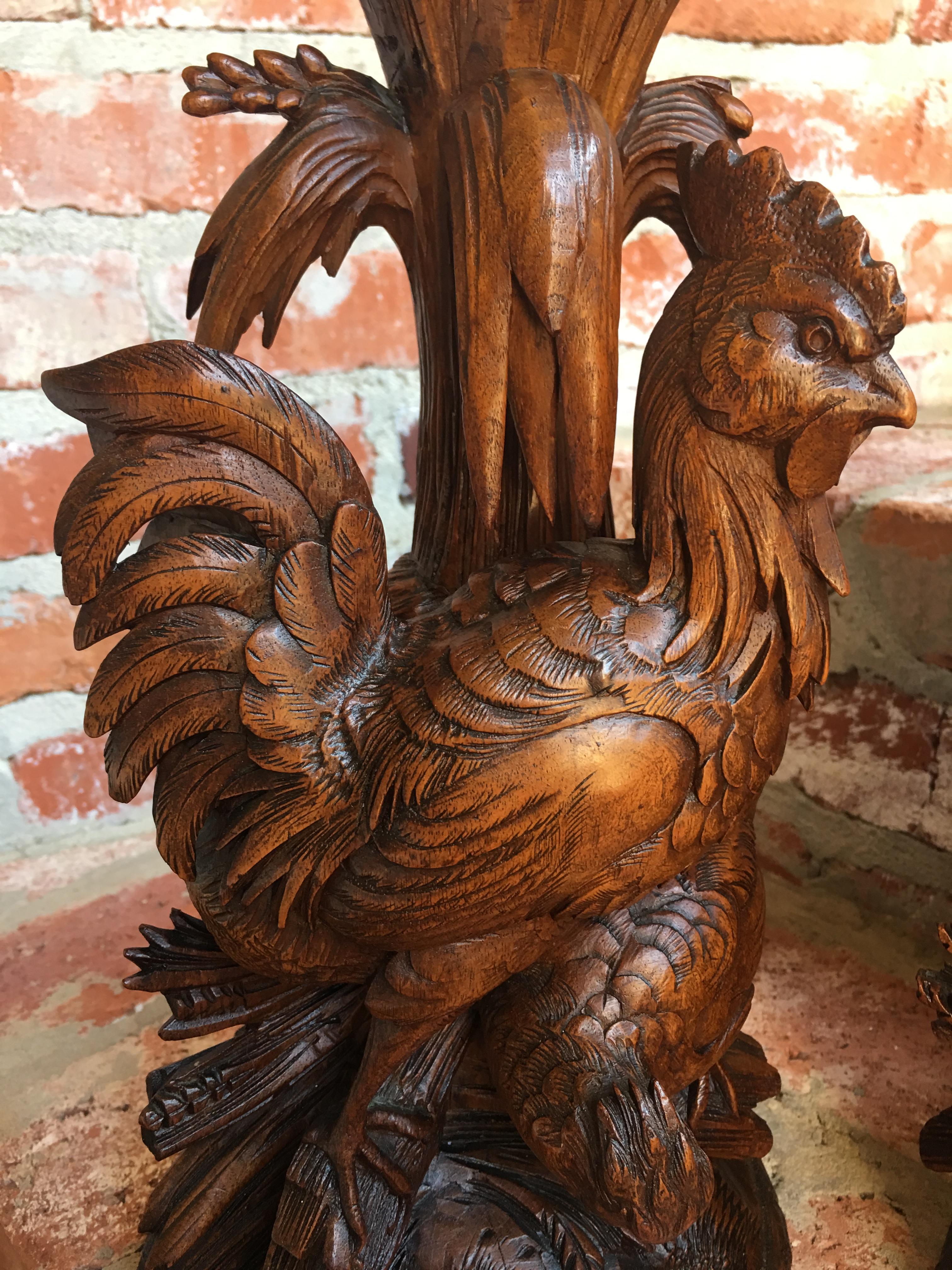 Glass Antique Pair Black Forest Carved Chicken Vase Epergne Candleholder Sculpture For Sale