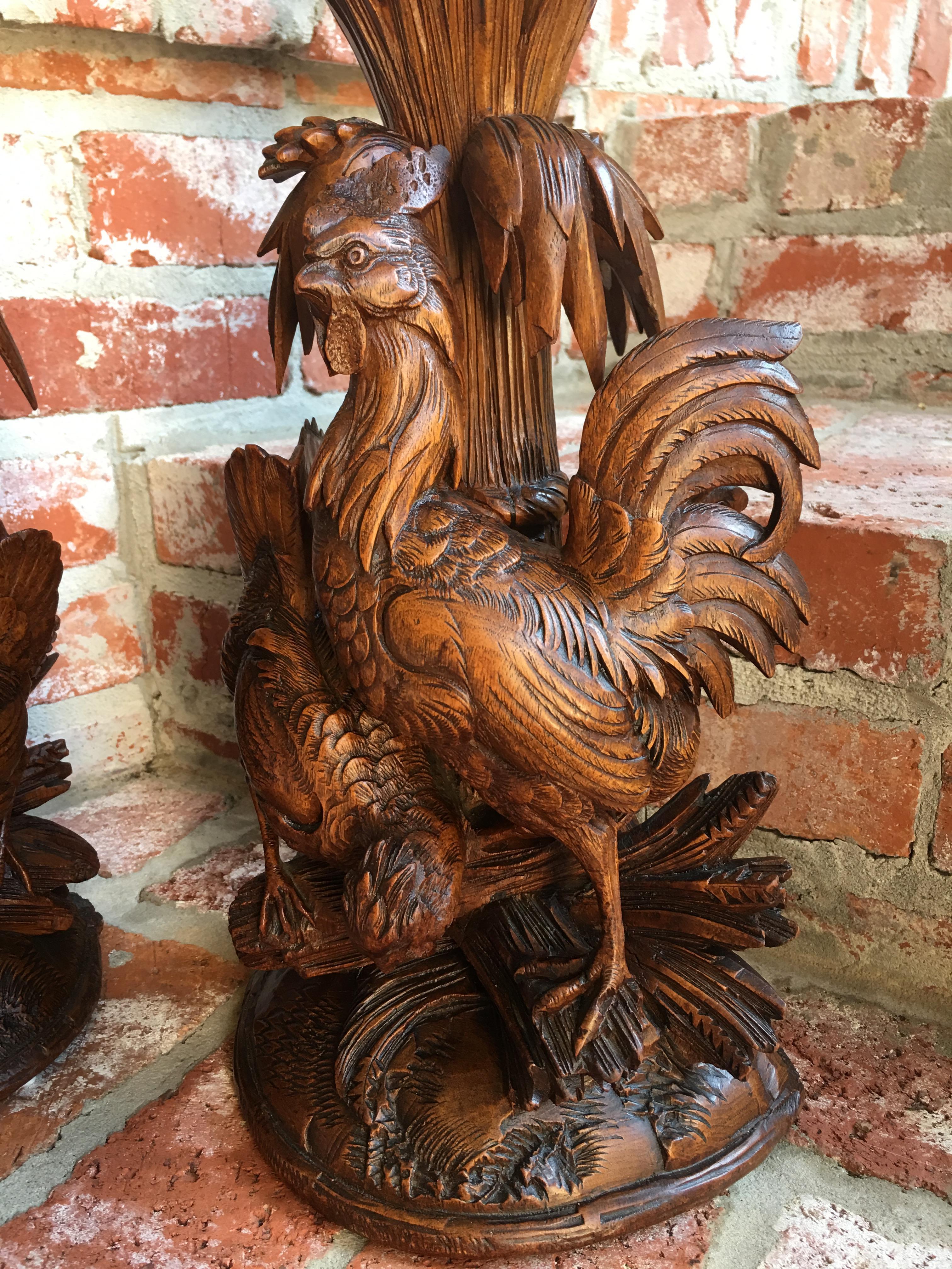 19th century Pair Black Forest Chicken Vase Epergne Candleholder Carved Wood Set For Sale 2