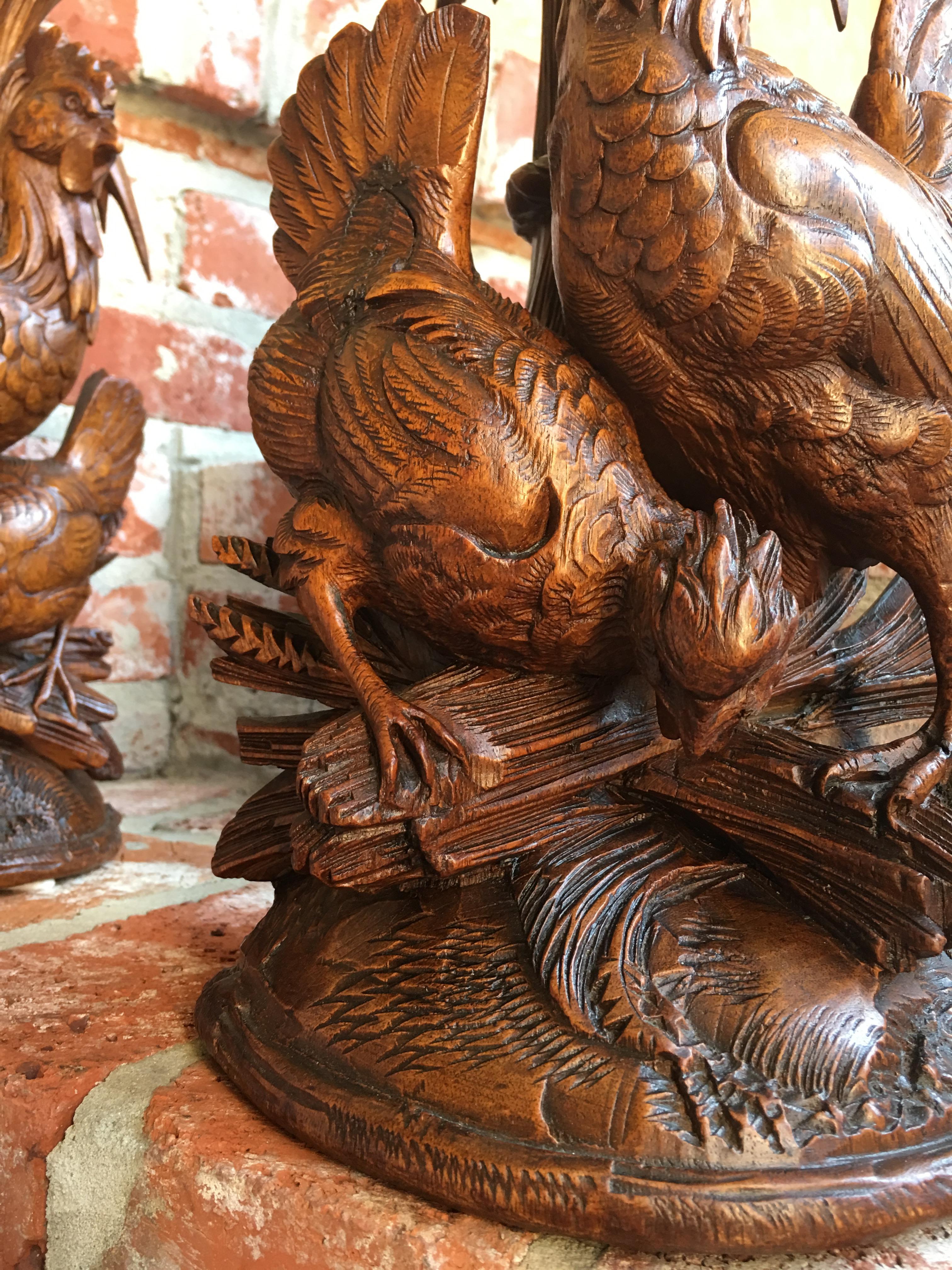 19th century Pair Black Forest Chicken Vase Epergne Candleholder Carved Wood Set For Sale 3