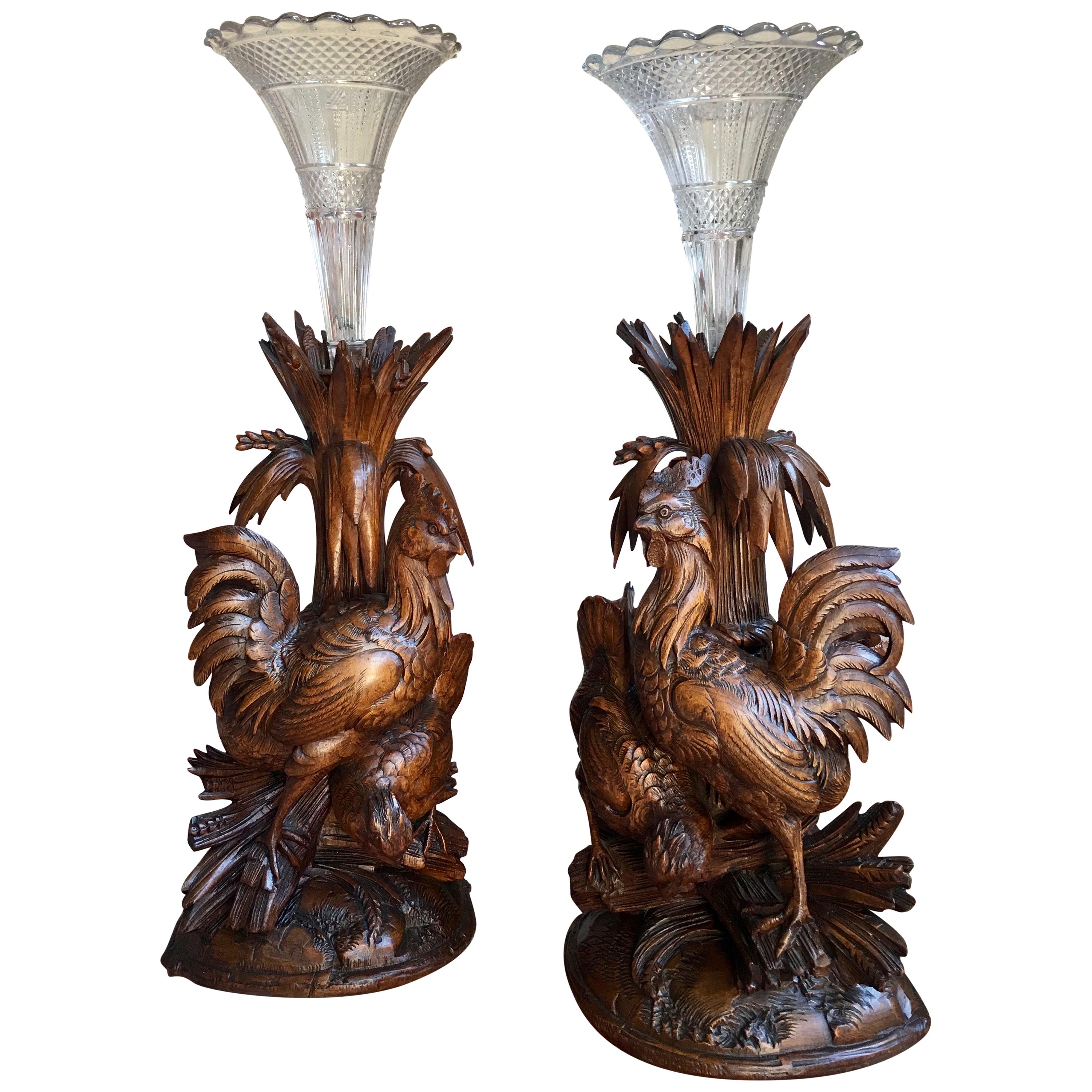 19th century Pair Black Forest Chicken Vase Epergne Candleholder Carved Wood Set