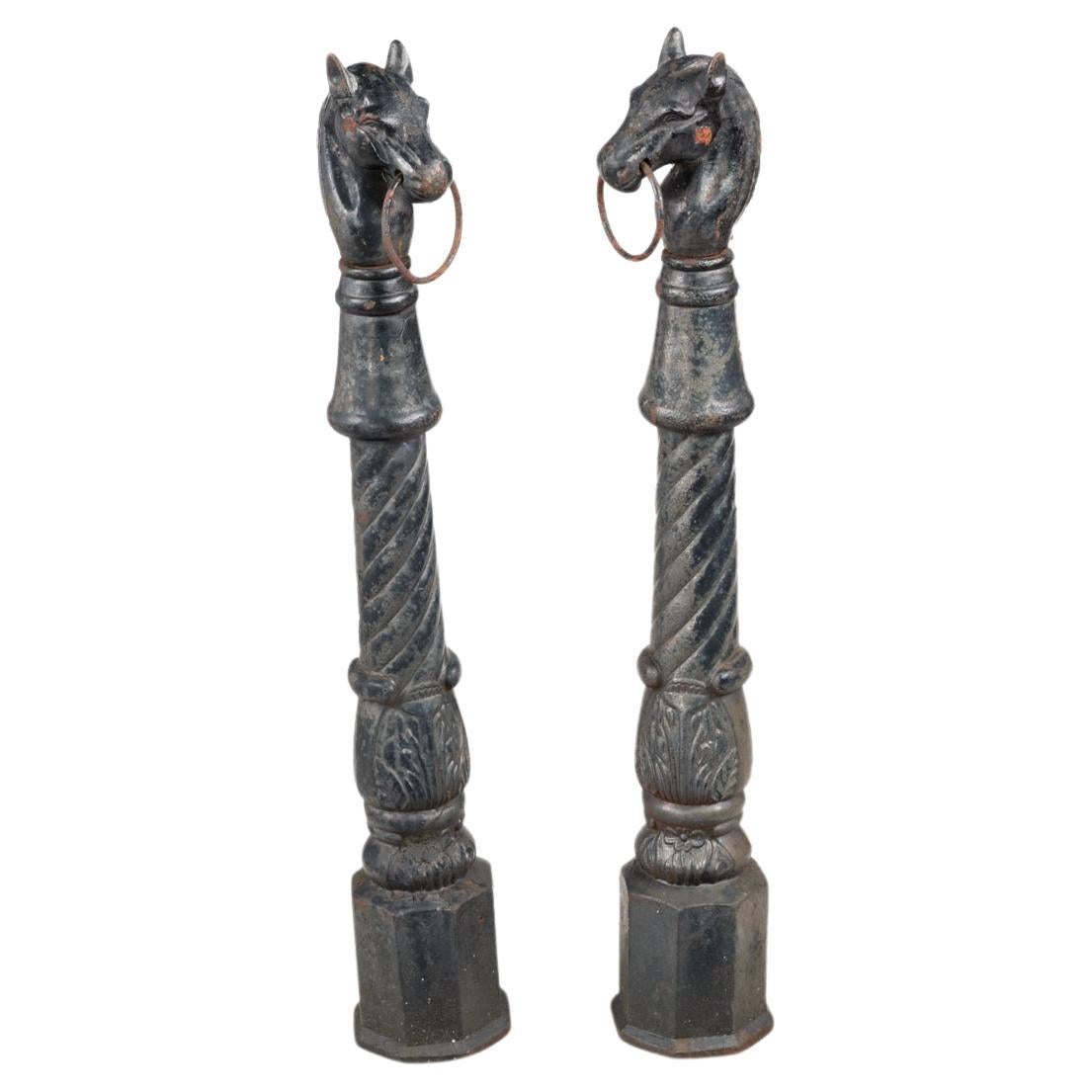 19th Century Pair Cast Iron Horse Head Hitching Posts