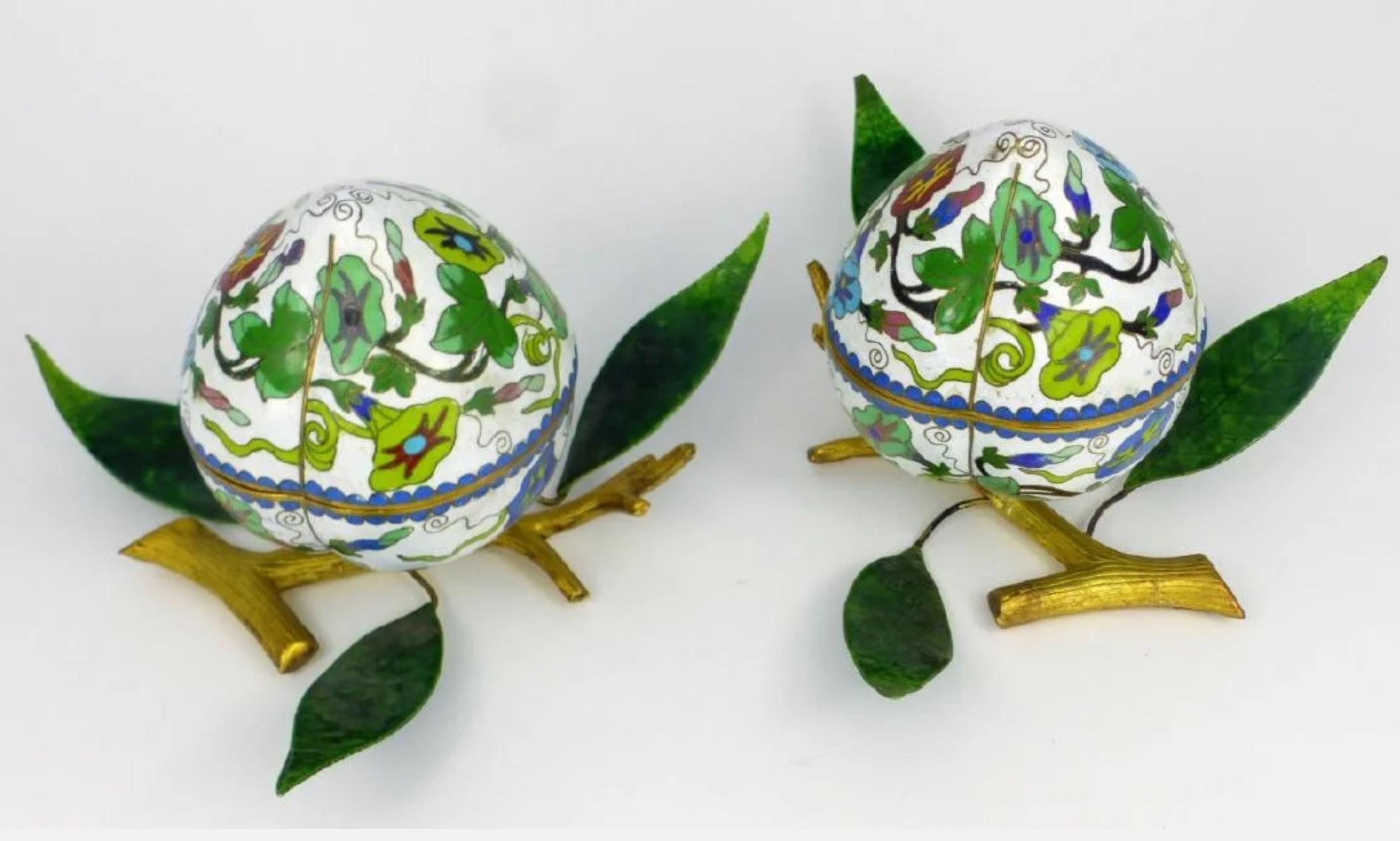 Simply Palatial  pair of Chinese cloisonné enamel peach form box and cover for a Conoisseur.
The boxes are beautifully detailed-Both the cover and the box decorated with colorful enamel floral leafy branches over a white ground- rich aqua blue