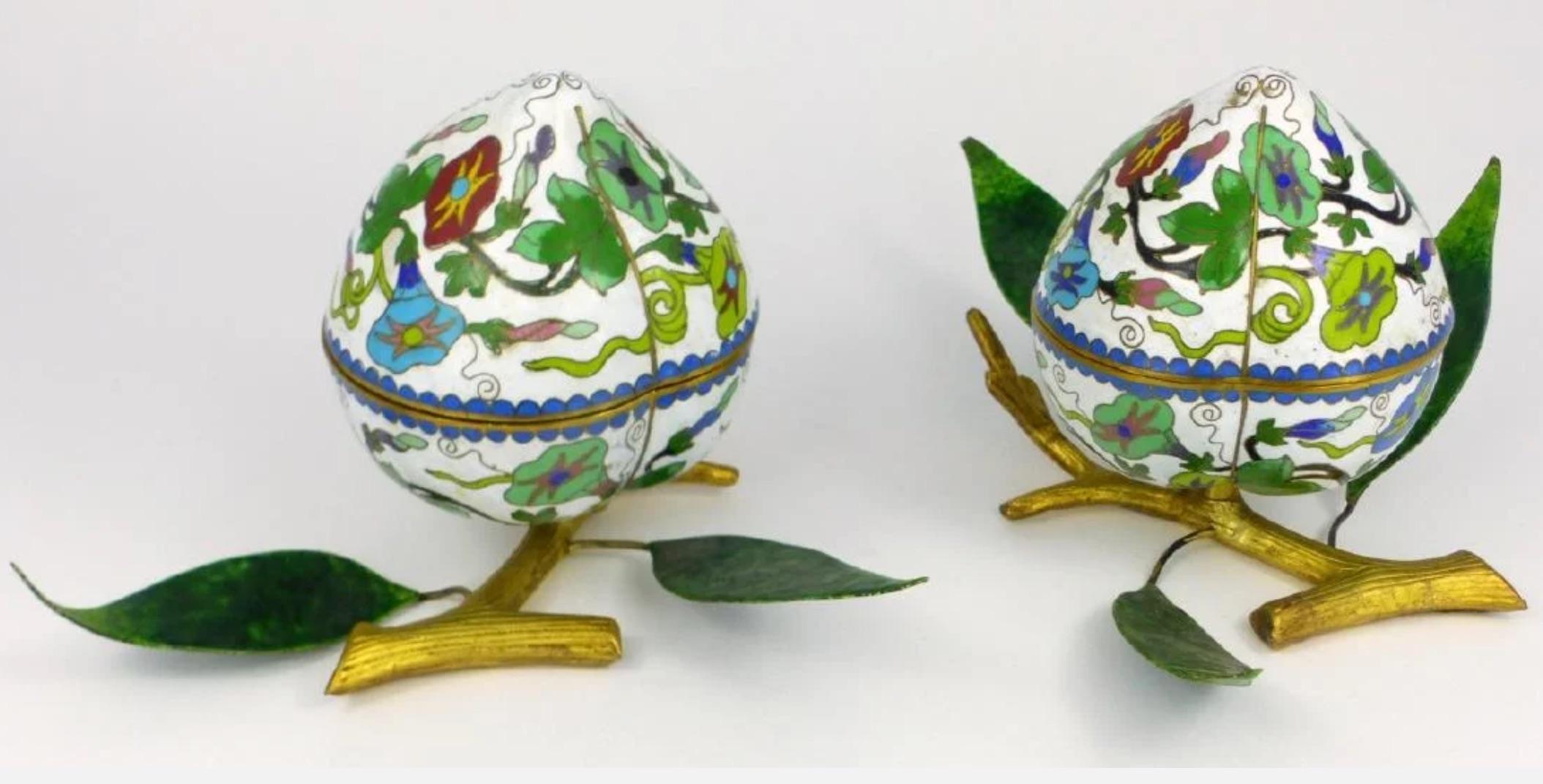 Enameled Pair of Chinese Cloisonné Enamel Peach-Form Box and Cover, circa 1910-1940 For Sale