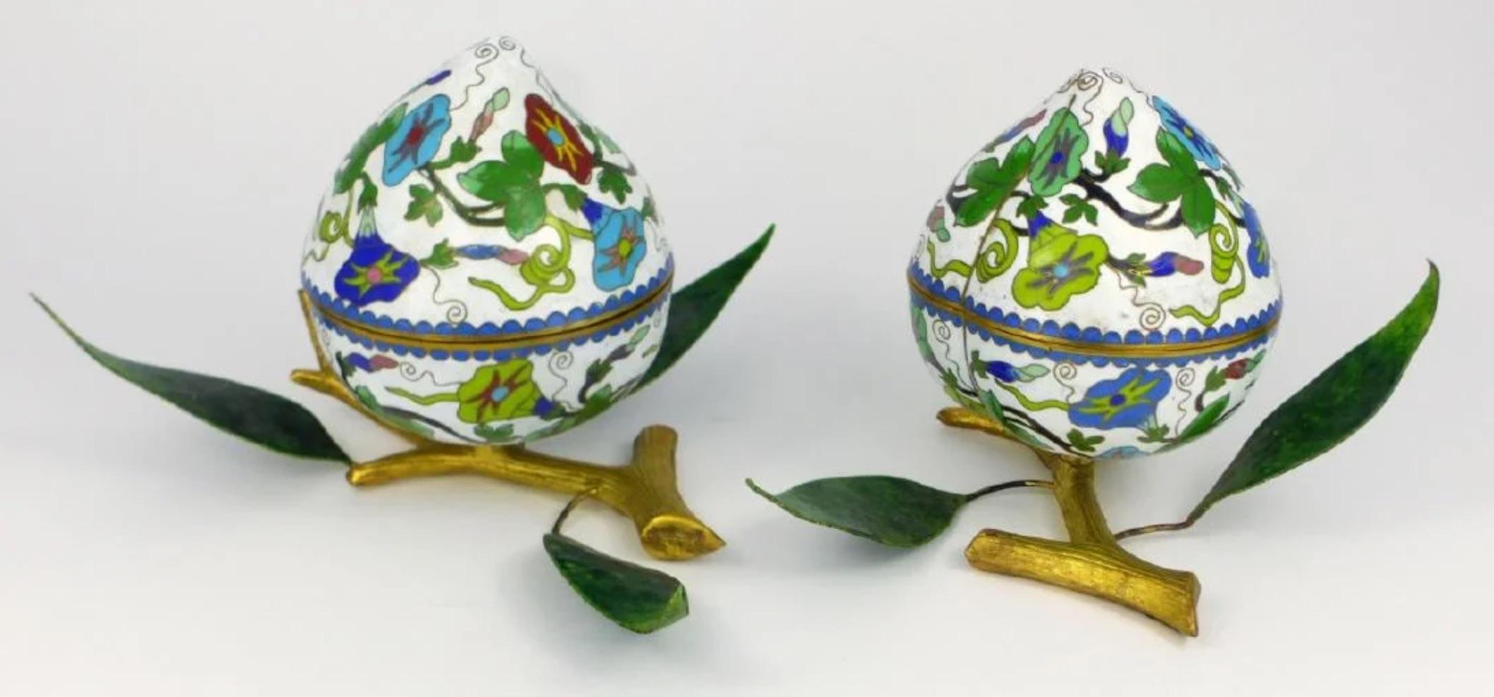 Metal Pair of Chinese Cloisonné Enamel Peach-Form Box and Cover, circa 1910-1940 For Sale