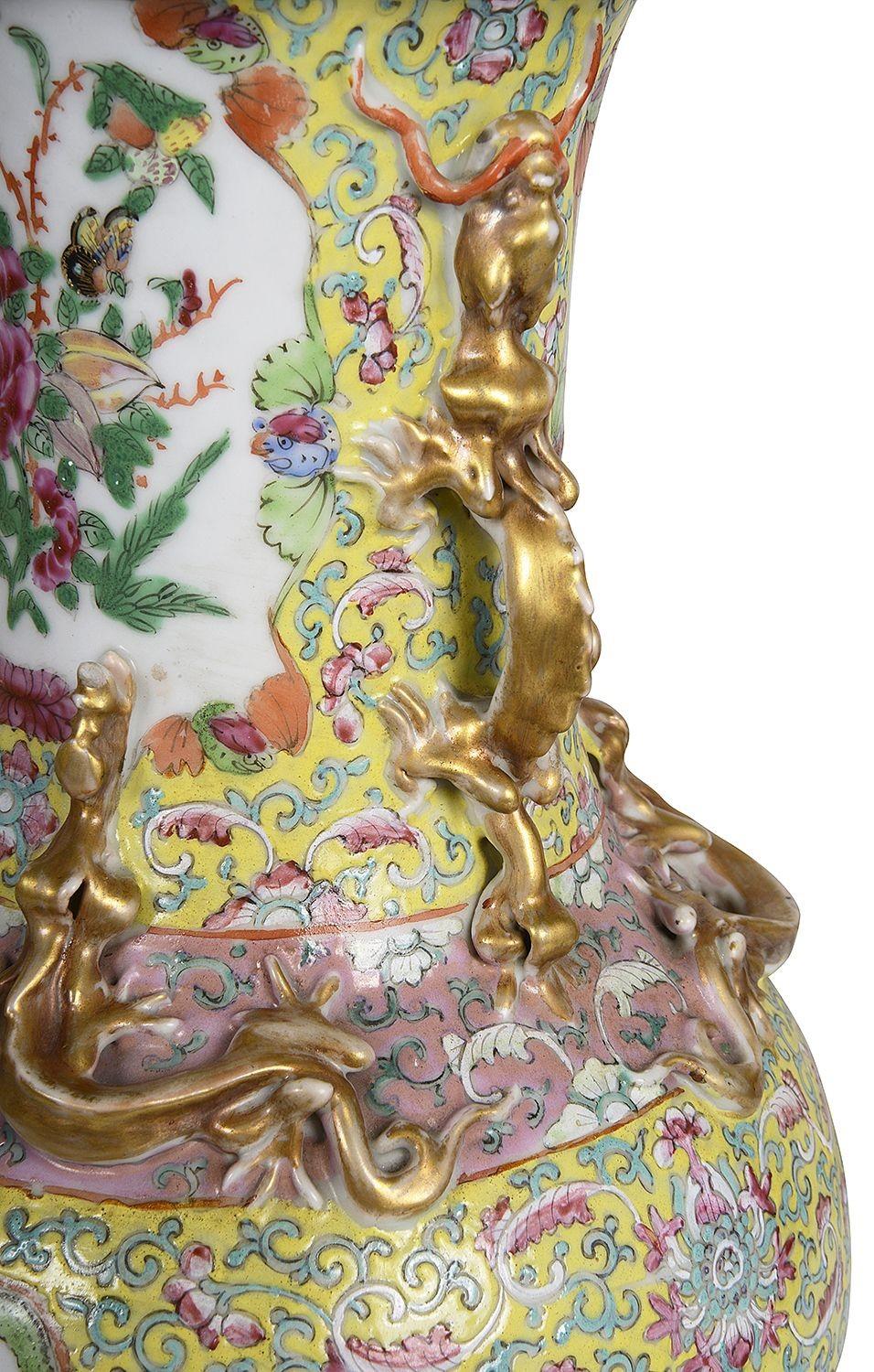 Hand-Painted 19th Century Pair Chinese Rose Medallion Vases / Lamps For Sale