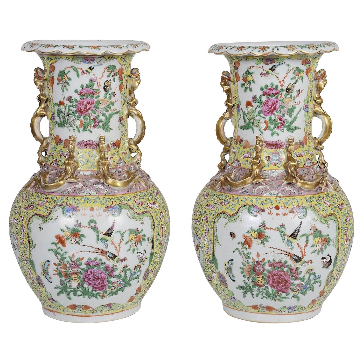 19th Century Pair Chinese Rose Medallion Vases / Lamps