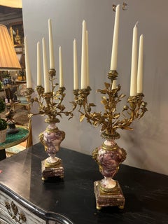 19th Century Pair Early French Violette Marble & Ormolu Candelabra