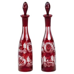 Antique 19th Century Pair Egermann Bohemian Czech Ruby Glass Decanters