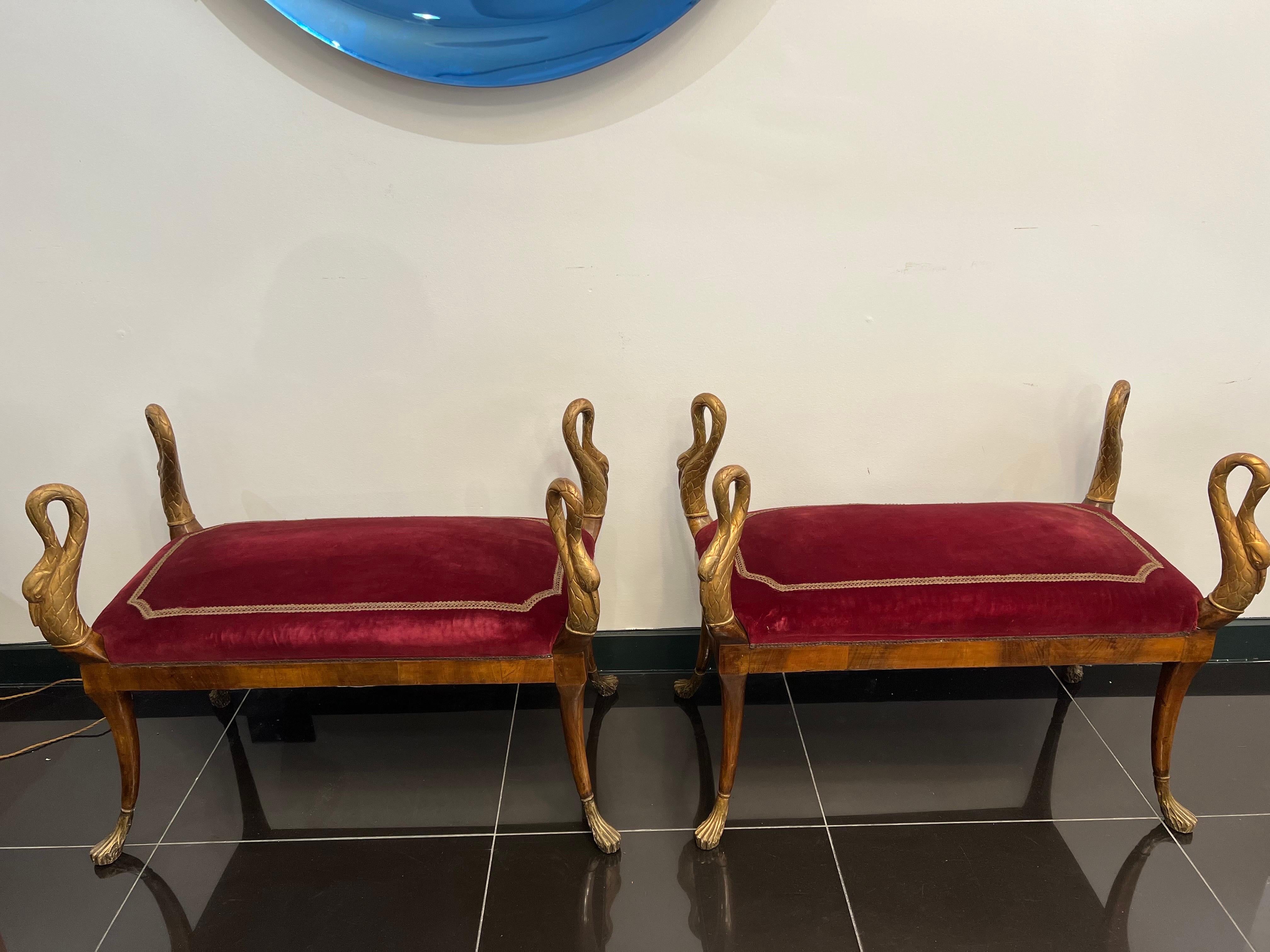 Hand-Carved 19th Century, Pair Empire Swan Benches
