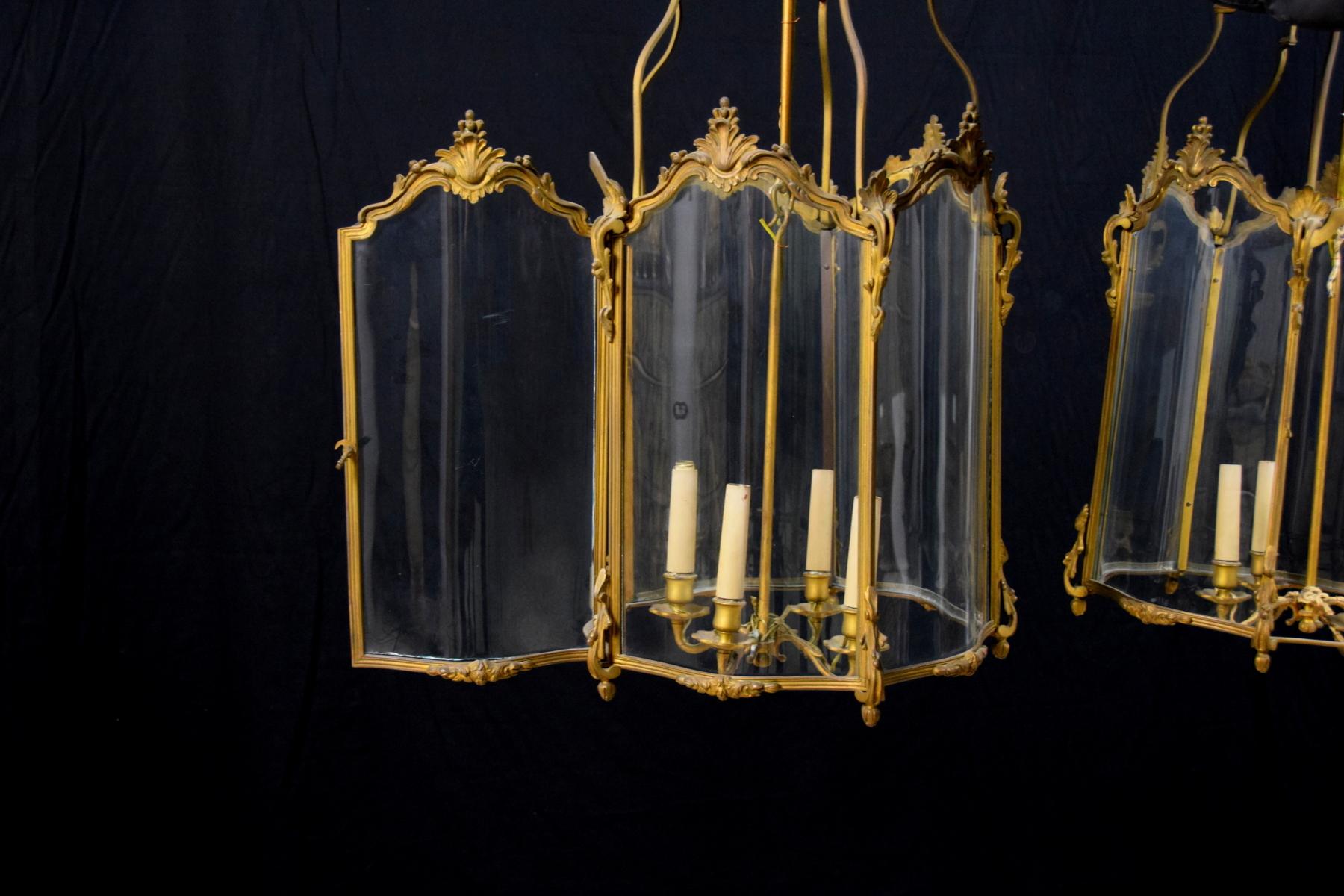19th Century, Pair of French Gilt Bronze and Shaped Glass Lanterns 9