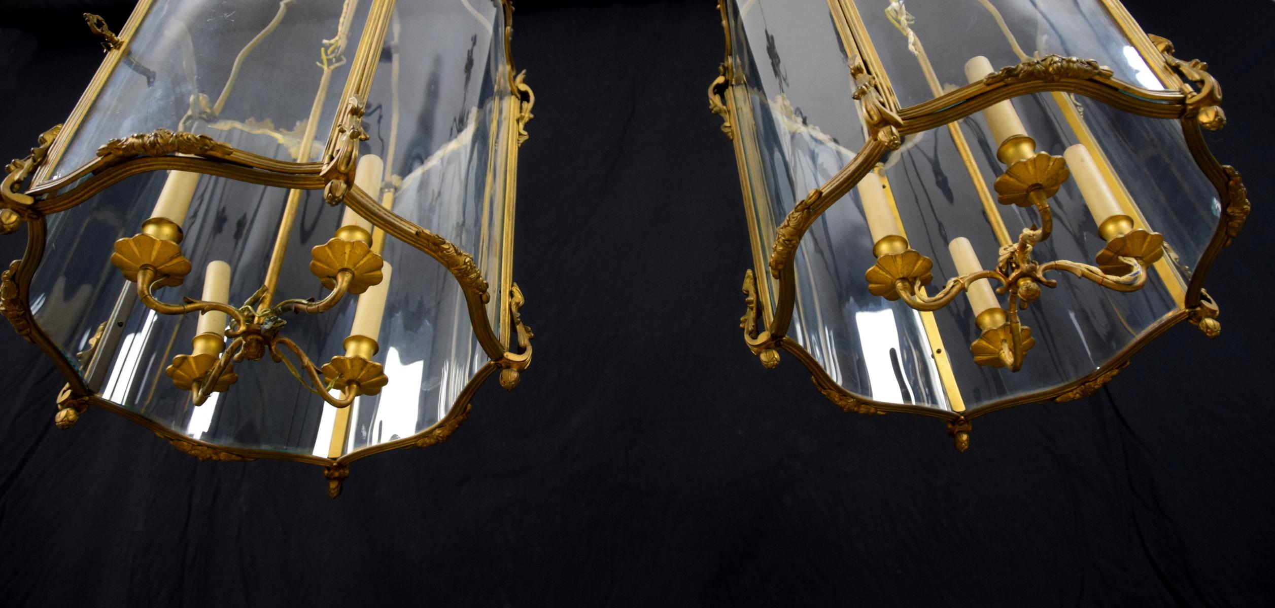 19th Century, Pair of French Gilt Bronze and Shaped Glass Lanterns 11