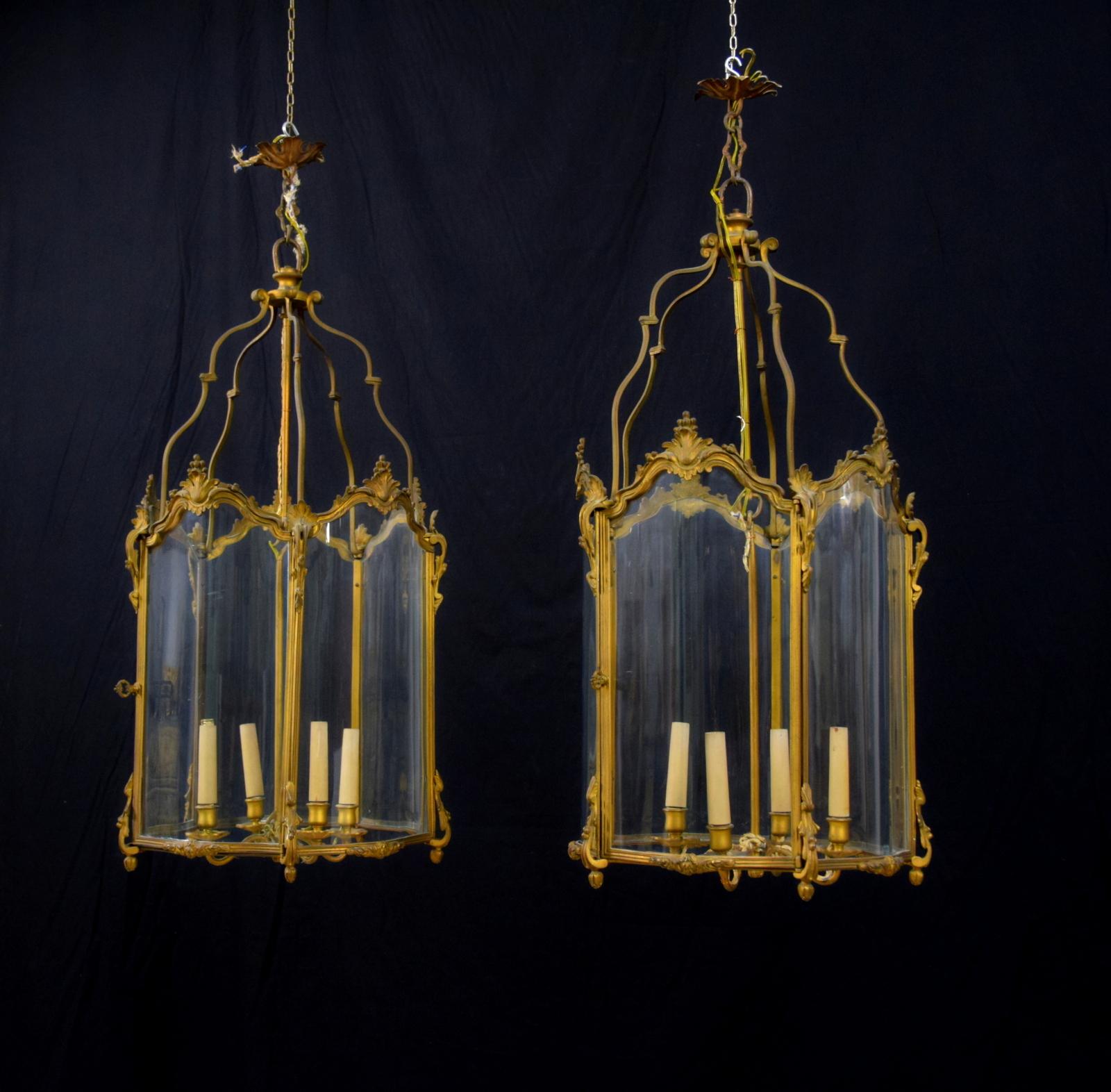 Louis XV 19th Century, Pair of French Gilt Bronze and Shaped Glass Lanterns