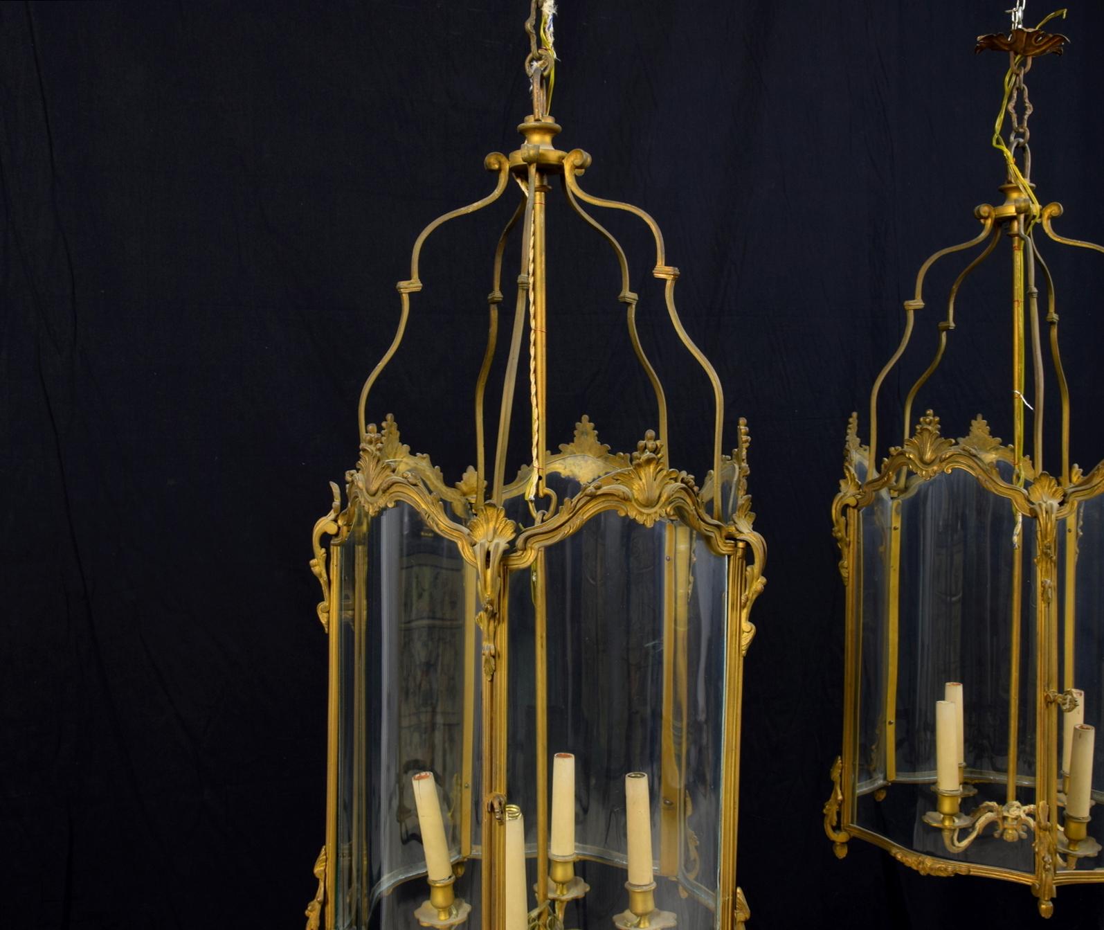 19th Century, Pair of French Gilt Bronze and Shaped Glass Lanterns 4