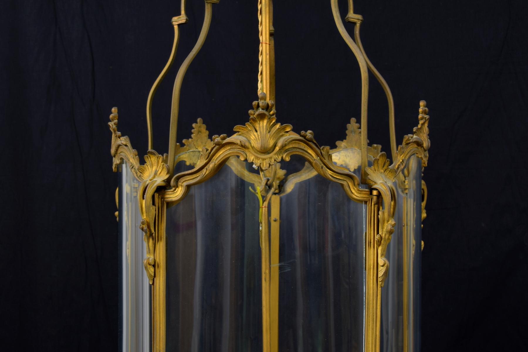 19th Century, Pair of French Gilt Bronze and Shaped Glass Lanterns 6
