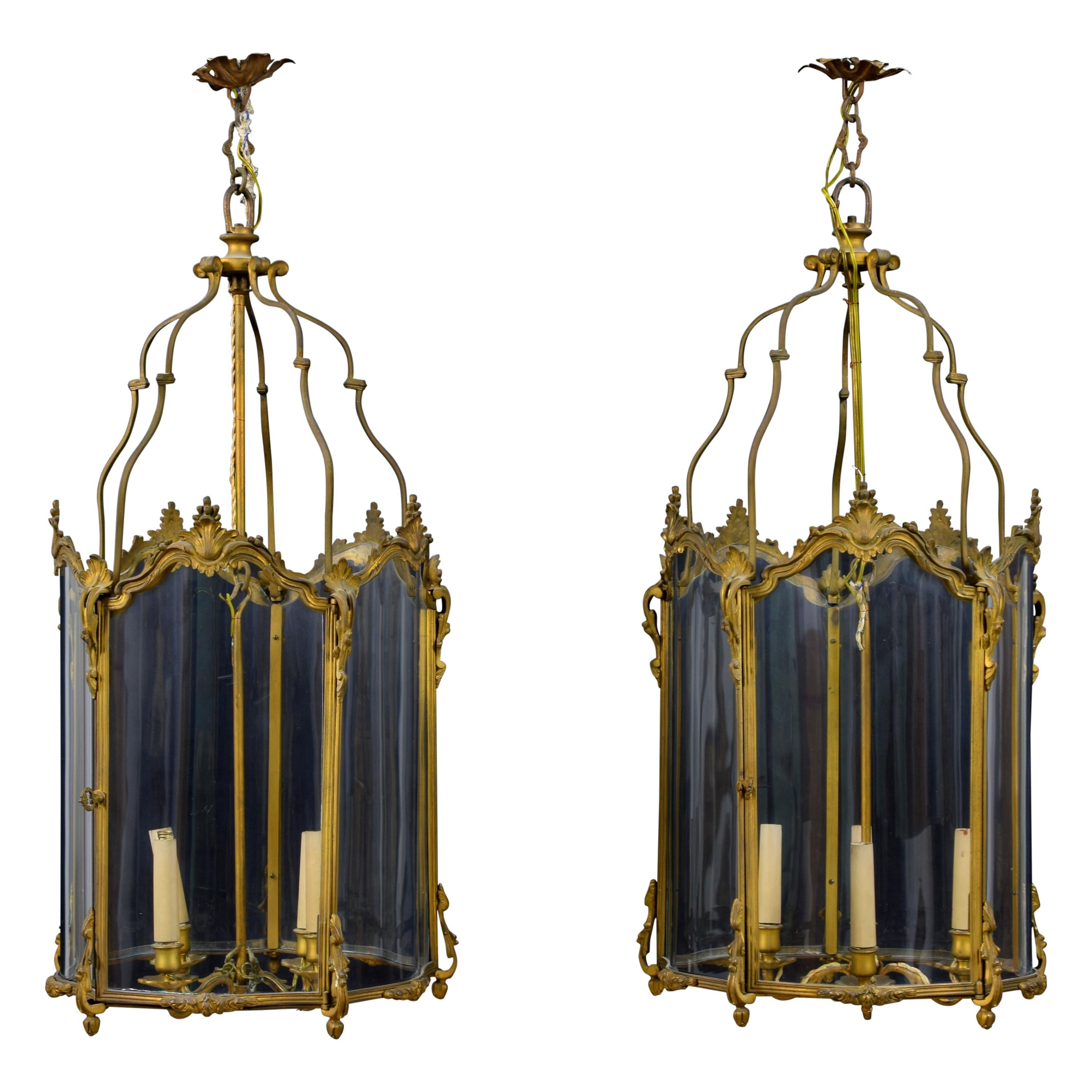 19th Century, Pair of French Gilt Bronze and Shaped Glass Lanterns
