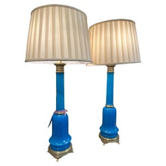 19th Century Pair French Blue Opaline Glass Lamps