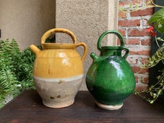 19th Century Pair French Confit Jug Pot Yellow Green Glazed Pottery Provincial