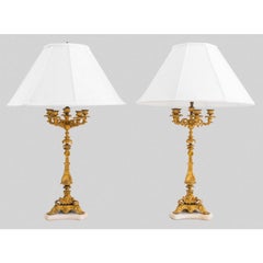 19th Century Pair French Napoleon III Gilt Bronze / Marble Candelabra Lamps