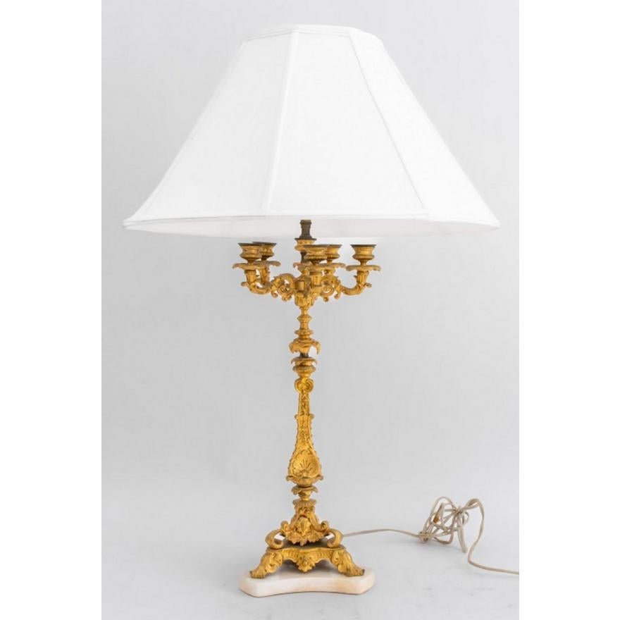 19th Century Pair French Napoleon III Gilt Bronze / Marble Candelabra Lamps In Good Condition For Sale In Tarry Town, NY