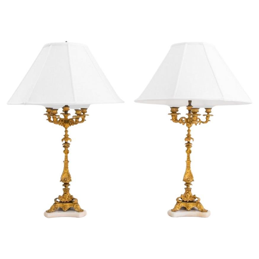 Paire de lampes candélabres Napoléon III en bronze doré et marbre, 19e siècle en vente