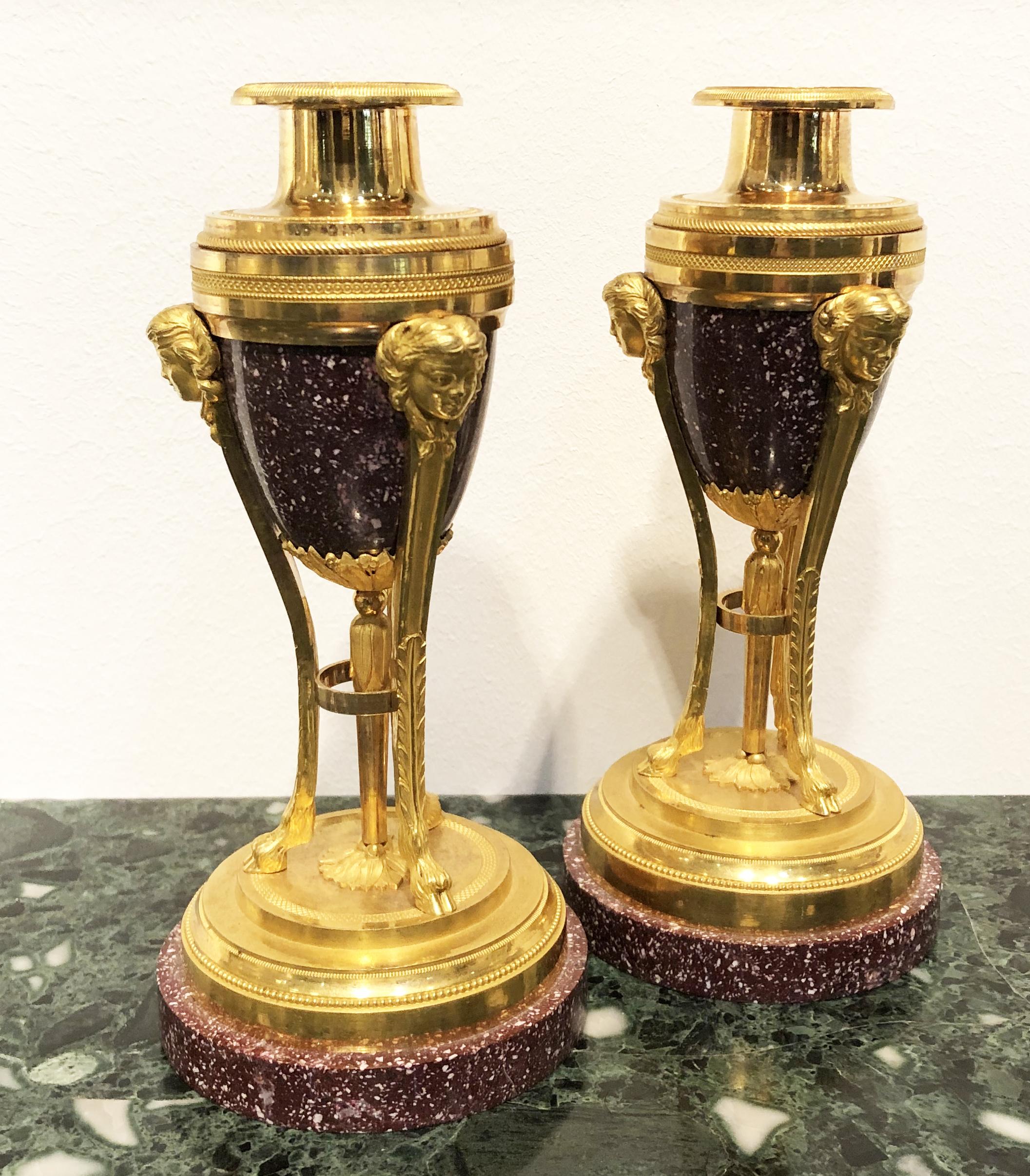 19th Century Pair French Red Porphyry and Gold Bronze Cassolettes Candelaholders For Sale 6
