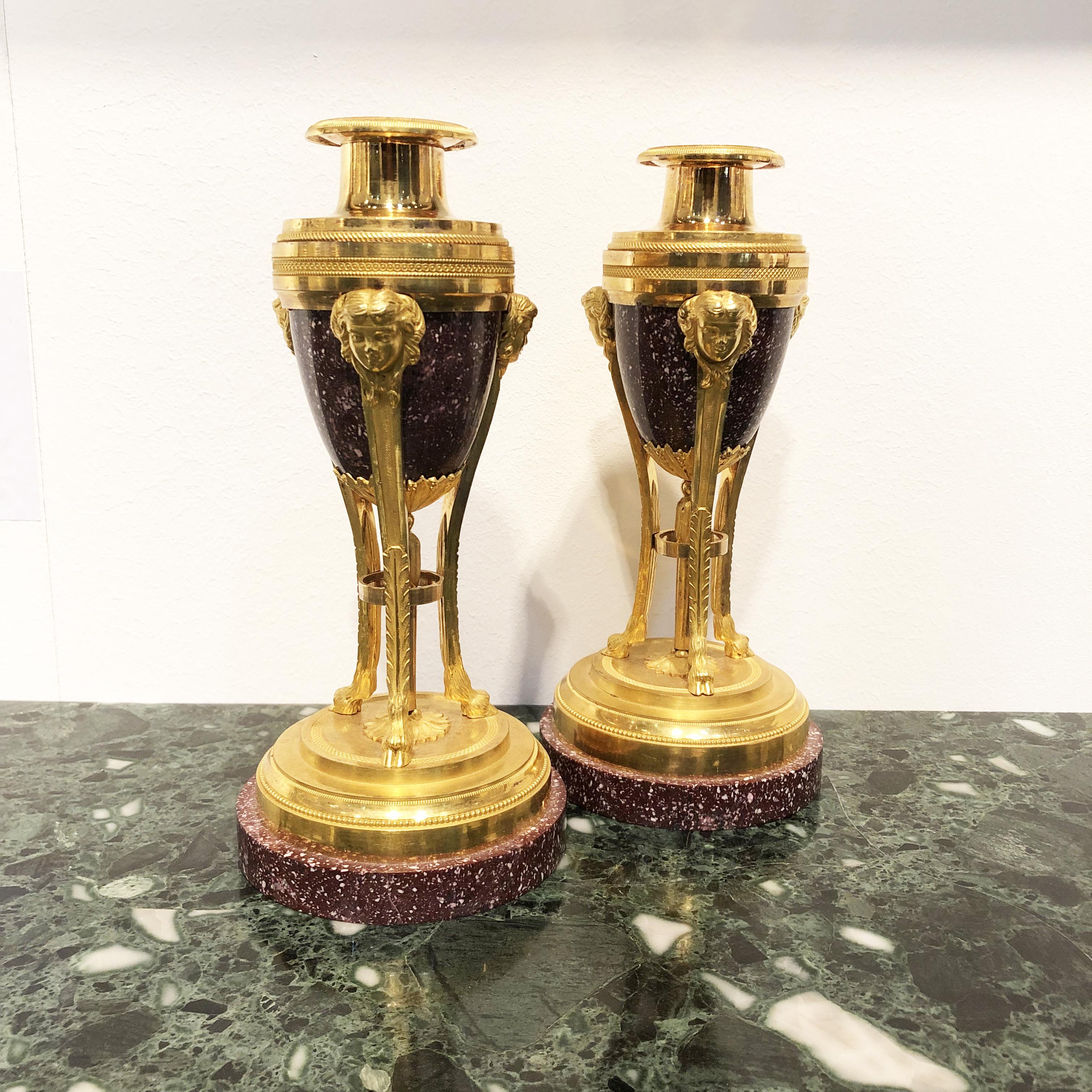 19th Century Pair French Red Porphyry and Gold Bronze Cassolettes Candelaholders For Sale 7