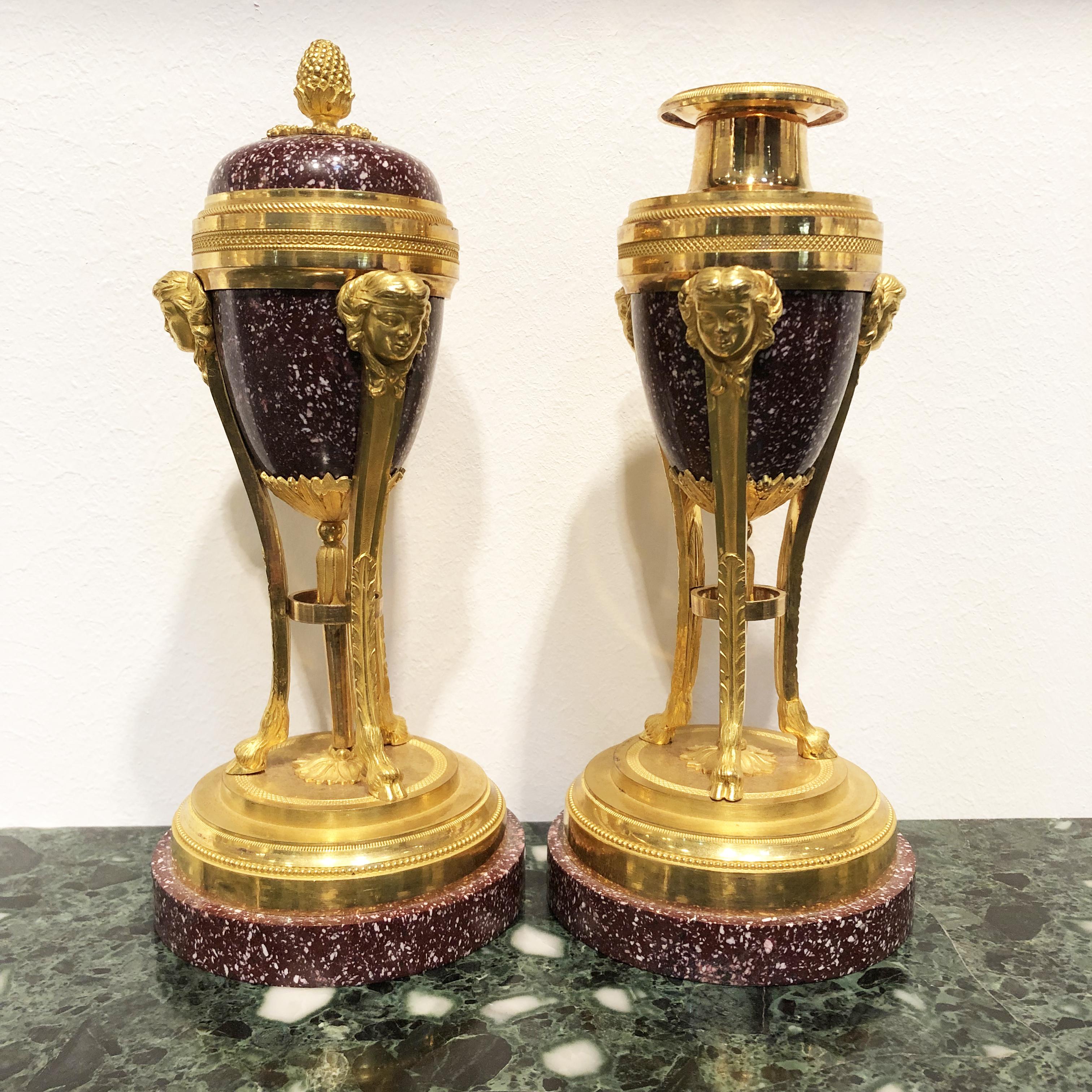19th Century Pair French Red Porphyry and Gold Bronze Cassolettes Candelaholders For Sale 8