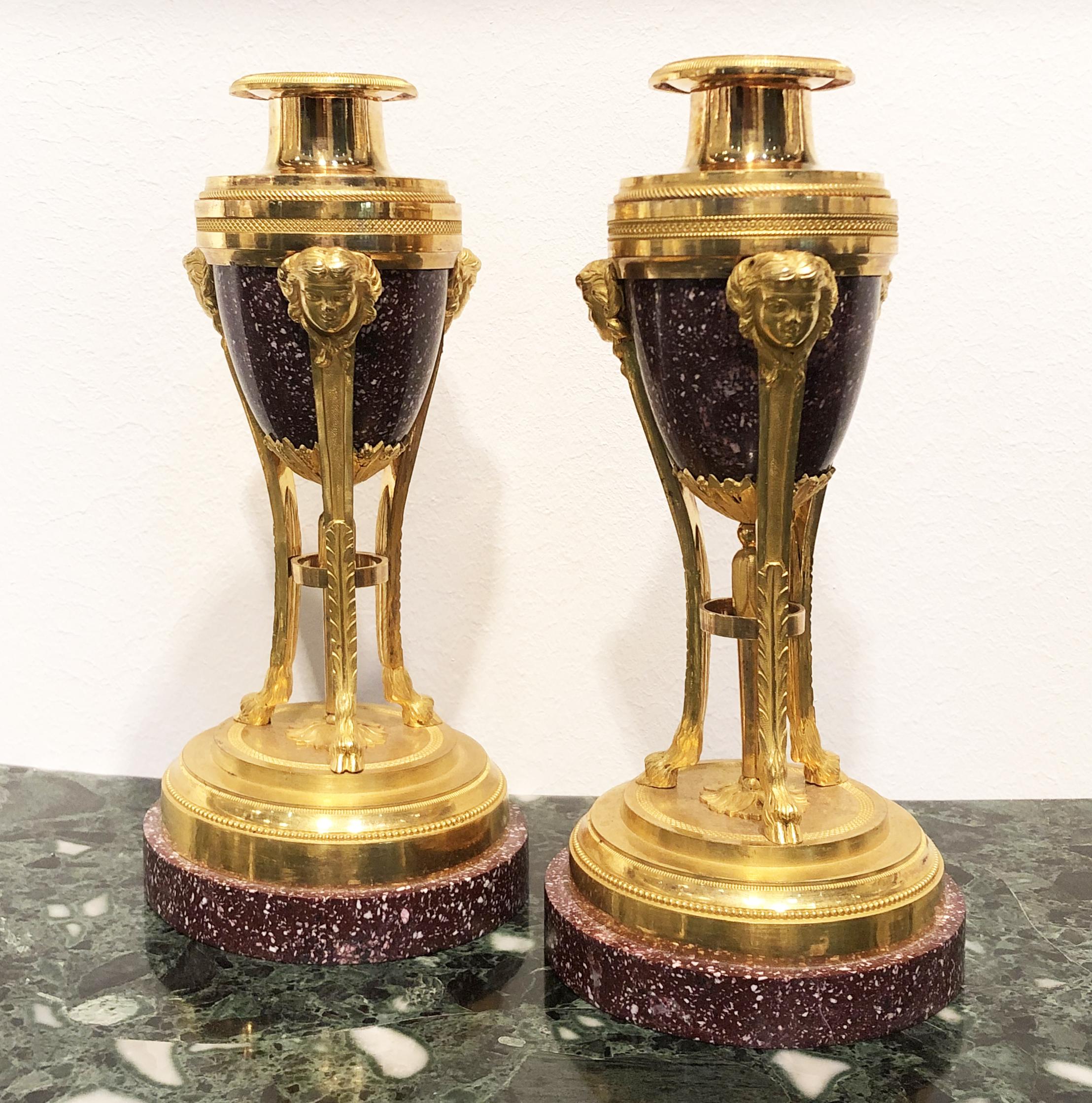19th Century Pair French Red Porphyry and Gold Bronze Cassolettes Candelaholders For Sale 10
