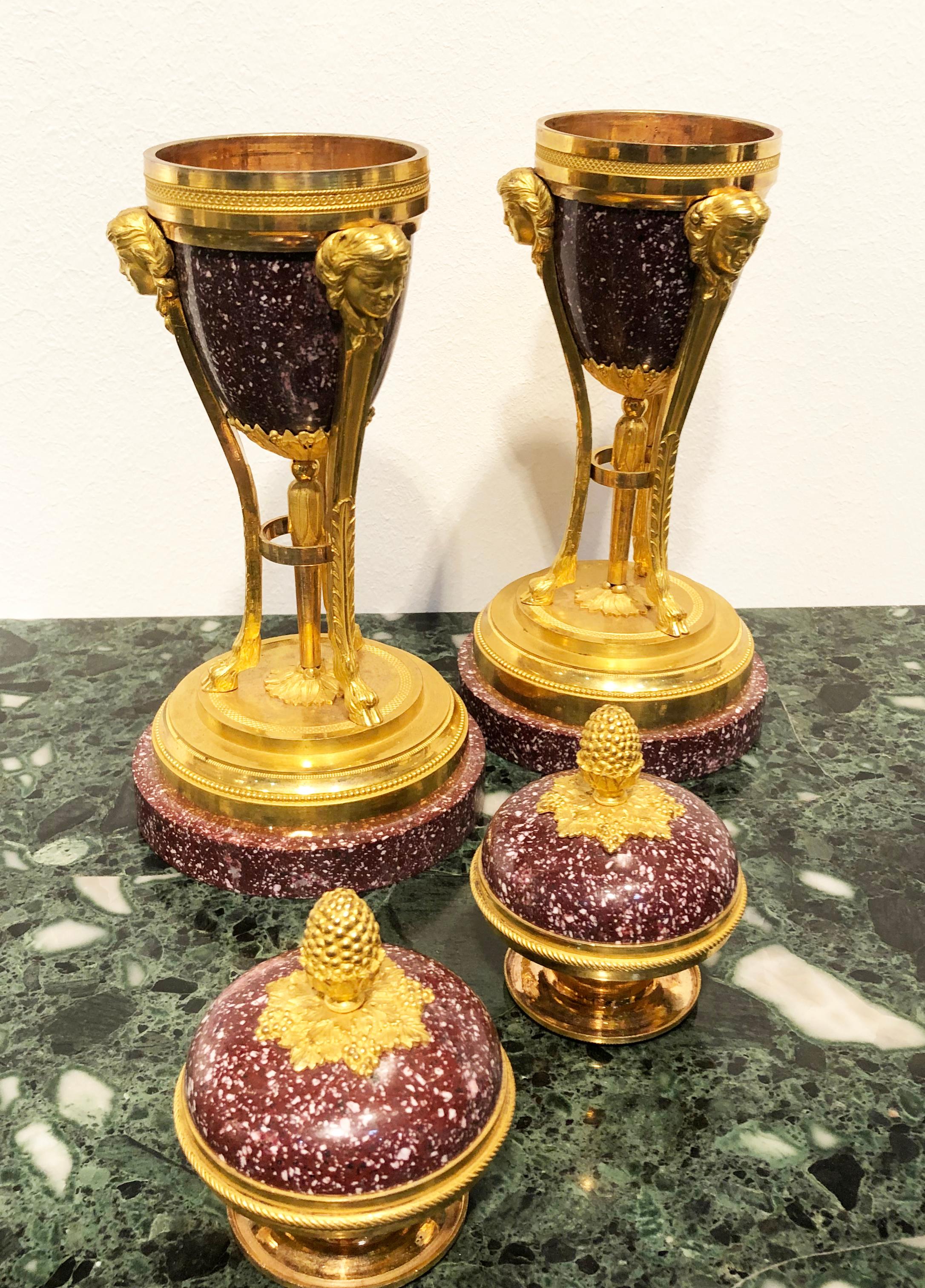 19th Century Pair French Red Porphyry and Gold Bronze Cassolettes Candelaholders For Sale 1