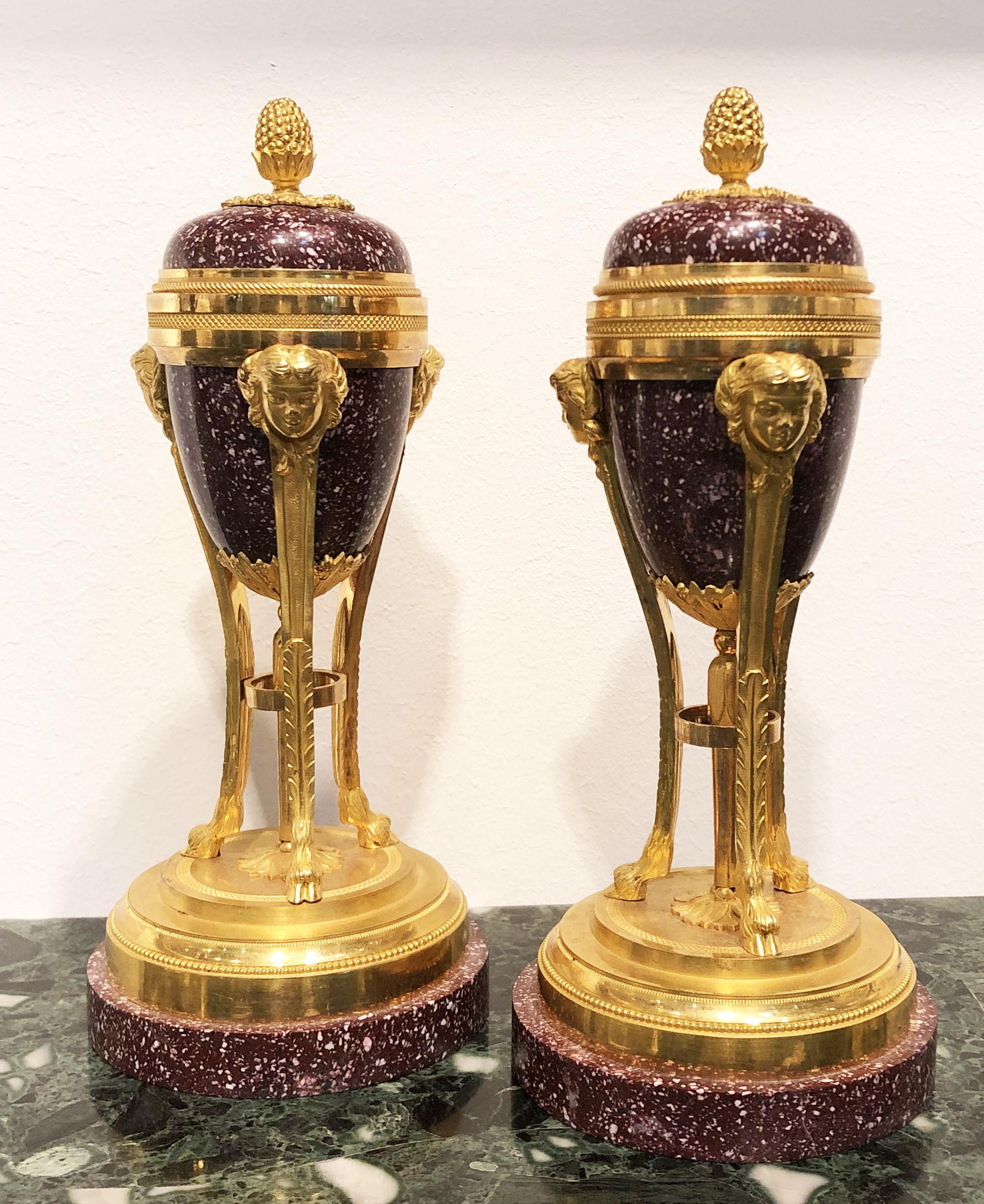 19th Century Pair French Red Porphyry and Gold Bronze Cassolettes Candelaholders For Sale 3