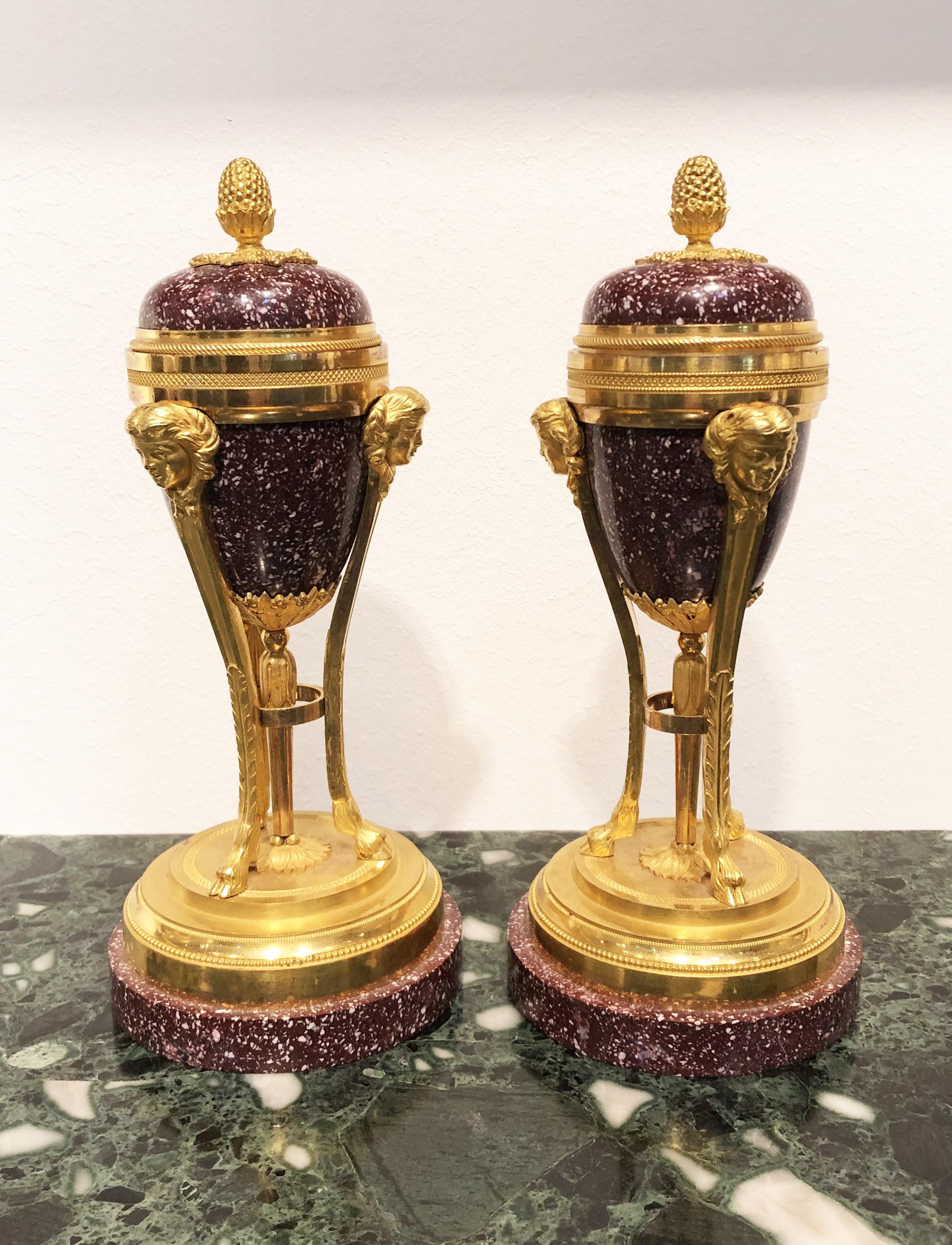 19th Century Pair French Red Porphyry and Gold Bronze Cassolettes Candelaholders For Sale 4
