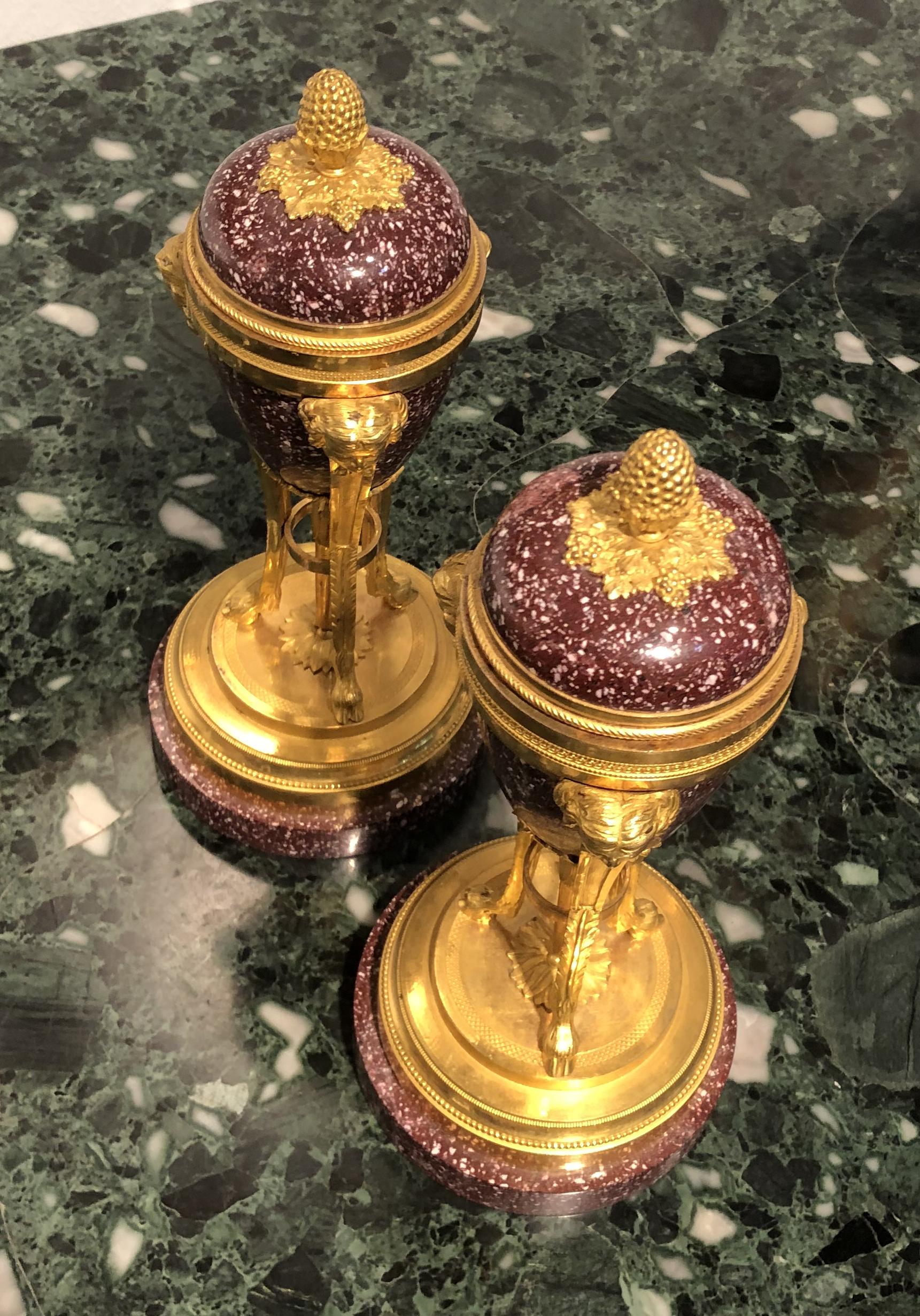 19th Century Pair French Red Porphyry and Gold Bronze Cassolettes Candelaholders For Sale 5