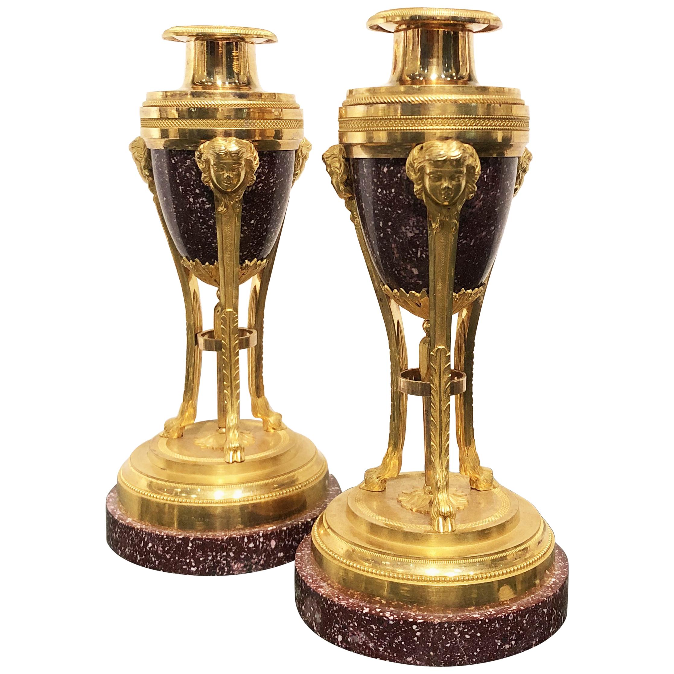 19th Century Pair French Red Porphyry and Gold Bronze Cassolettes Candelaholders For Sale