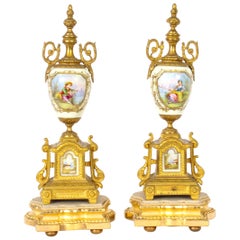 19th Century Pair French Sevres Style Porcelain and Ormolu Urns on Stands